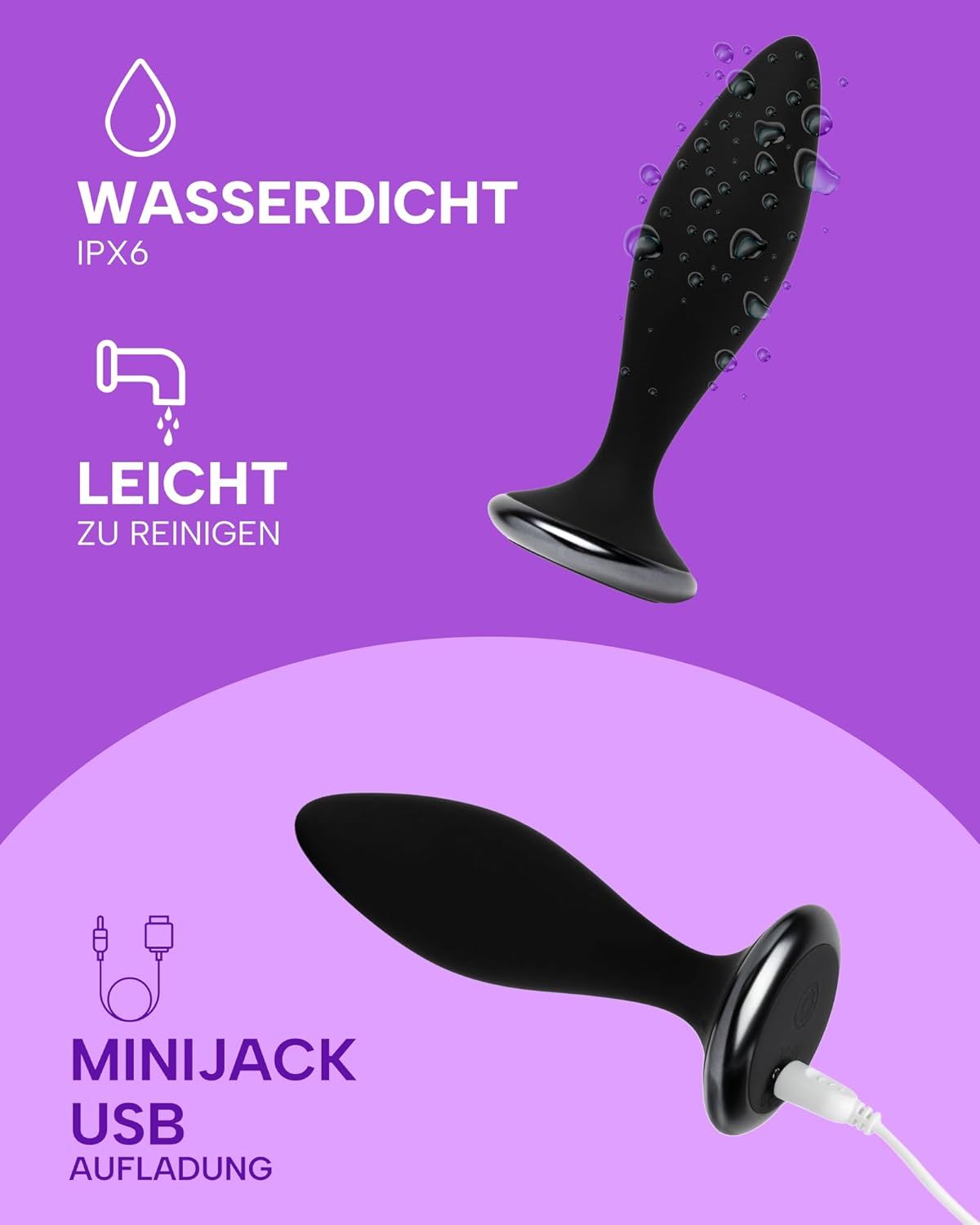 Blauer und violetter Analplug mit buntem Fellschwanz.