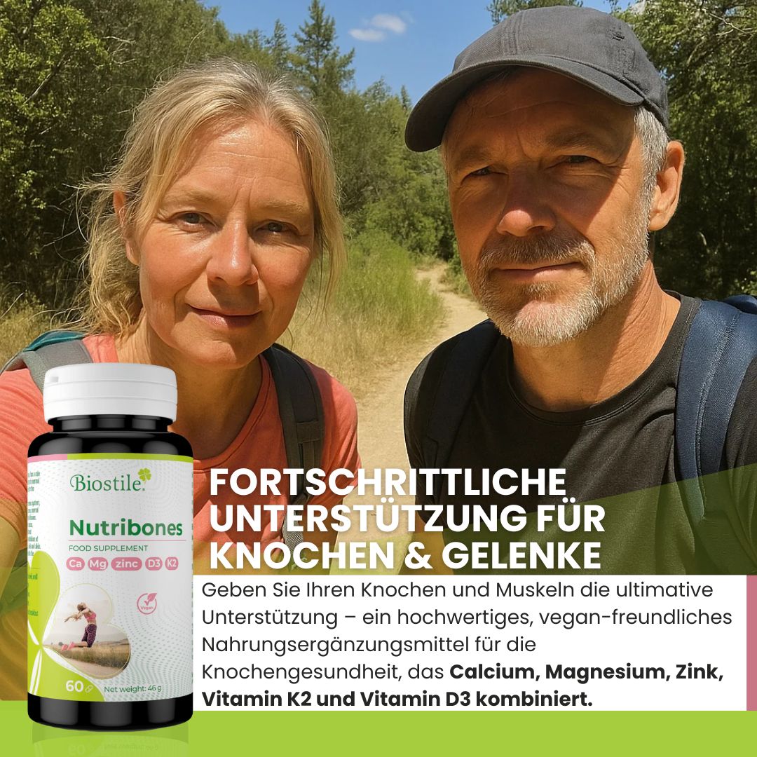 Biostile Nutribones Flasche neben einem Text über Knochen- und Gelenkunterstützung.