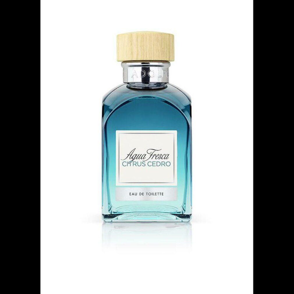 Blau-transparente Flasche mit Holzdeckel. Aufschrift: Agua Fresca Citrus Cedro, Eau de Toilette.