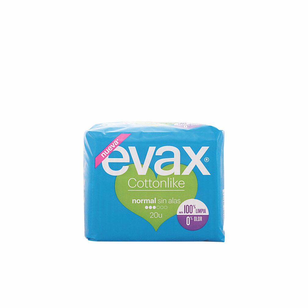 Blaues Paket mit Damenbinden. Aufschrift: Evax Cottonlike Normal, 20 Stück, 100% sauber, 0% Geruch.