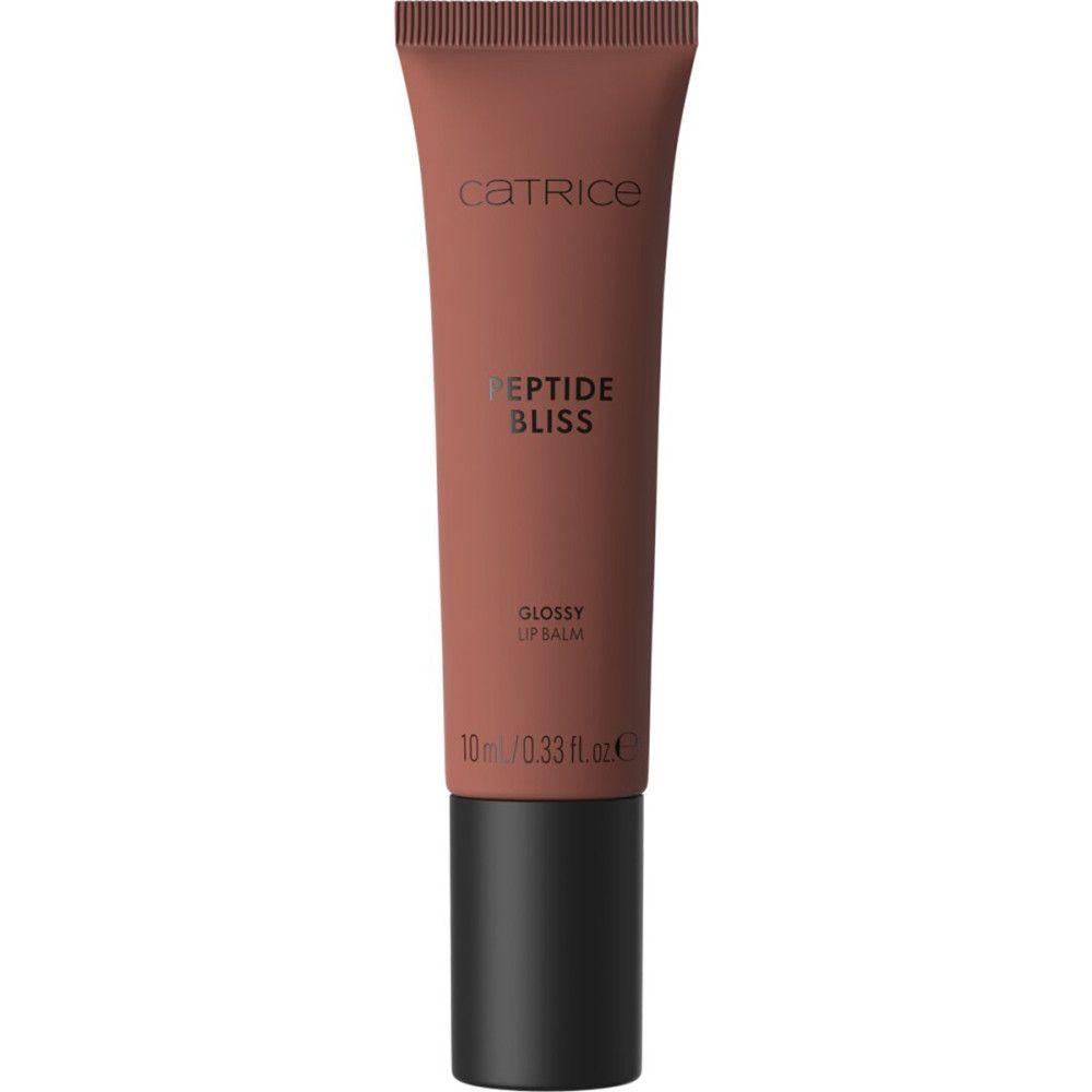 Catrice Peptide Bliss Glossy Lip Balm. Braune Tube mit schwarzem Deckel. Produktname und Volumenangabe.