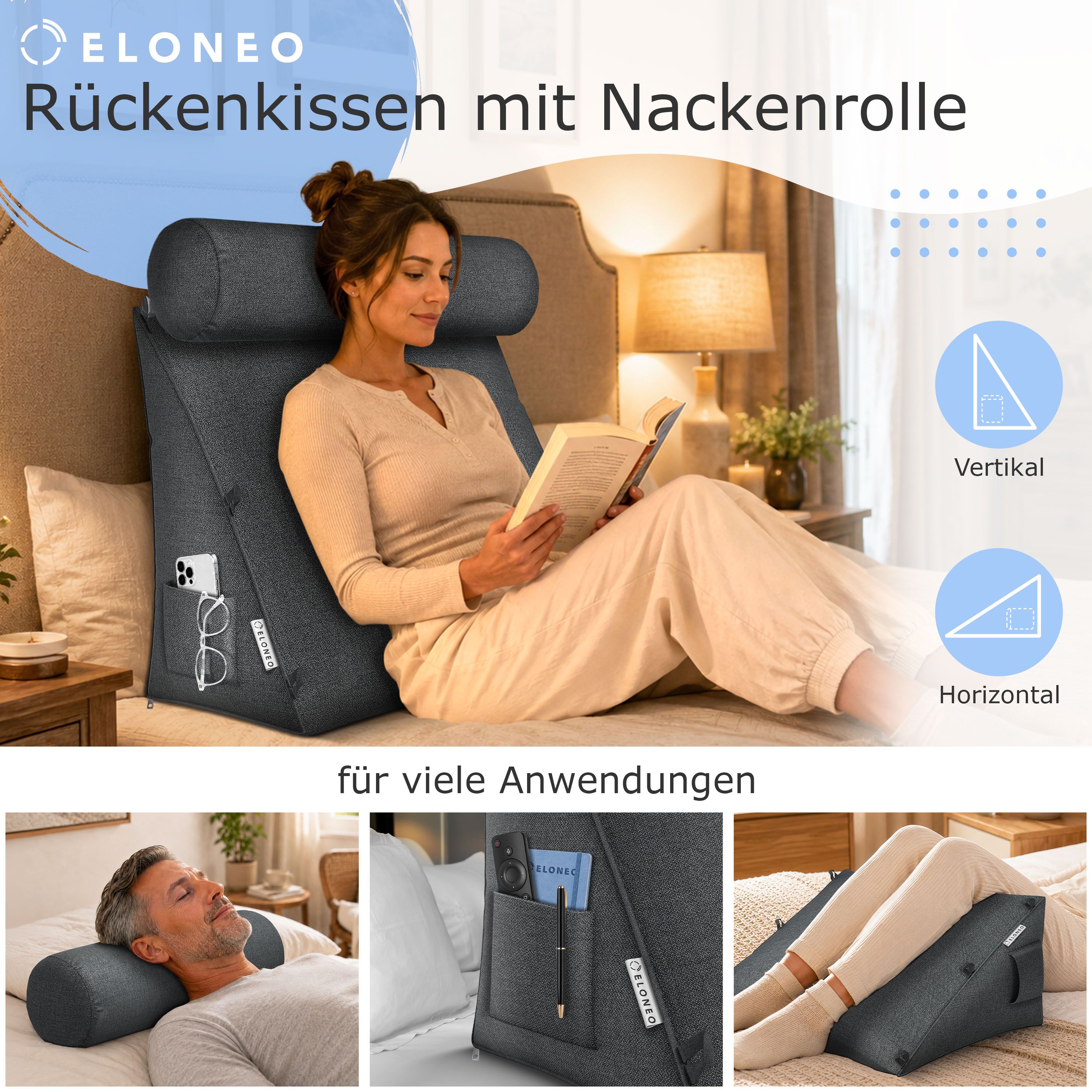 ELONEO Rückenkissen mit Nackenrolle für Bett & Sofa, 55x50x30cm, waschbarer Bezug 1 St