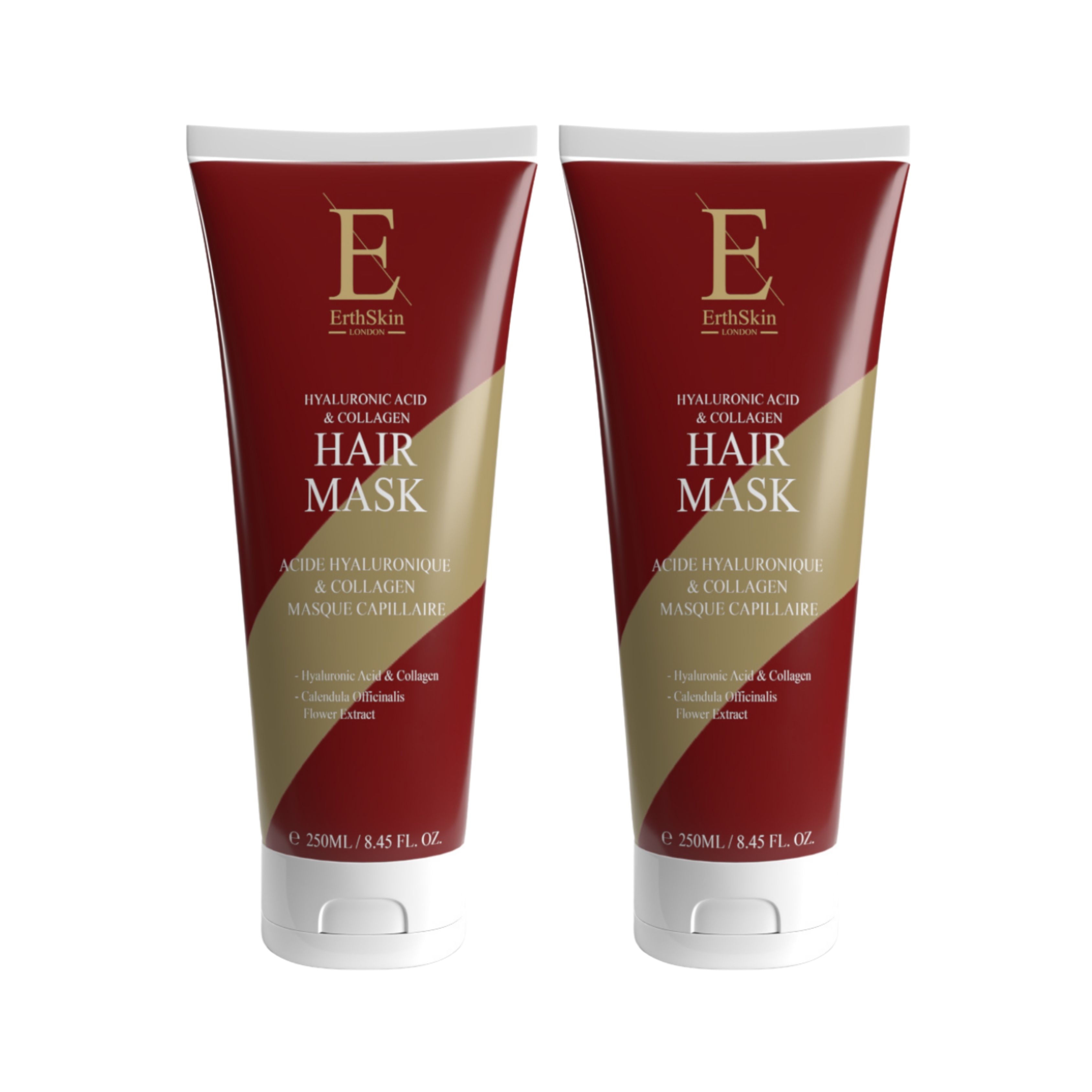 Zwei Tuben Haarmaske mit rotem und goldenem Etikett. Text: "ErthSkin", "HAIR MASK", "Hyaluronsäure & Kollagen".