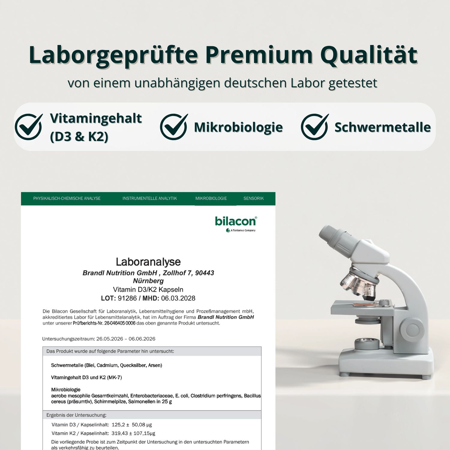 Laborgeprüfte Premium Qualität von Brandl Vitamin D3/K2: Getestet auf Vitamingehalt, Mikrobiologie und Schwermetalle.