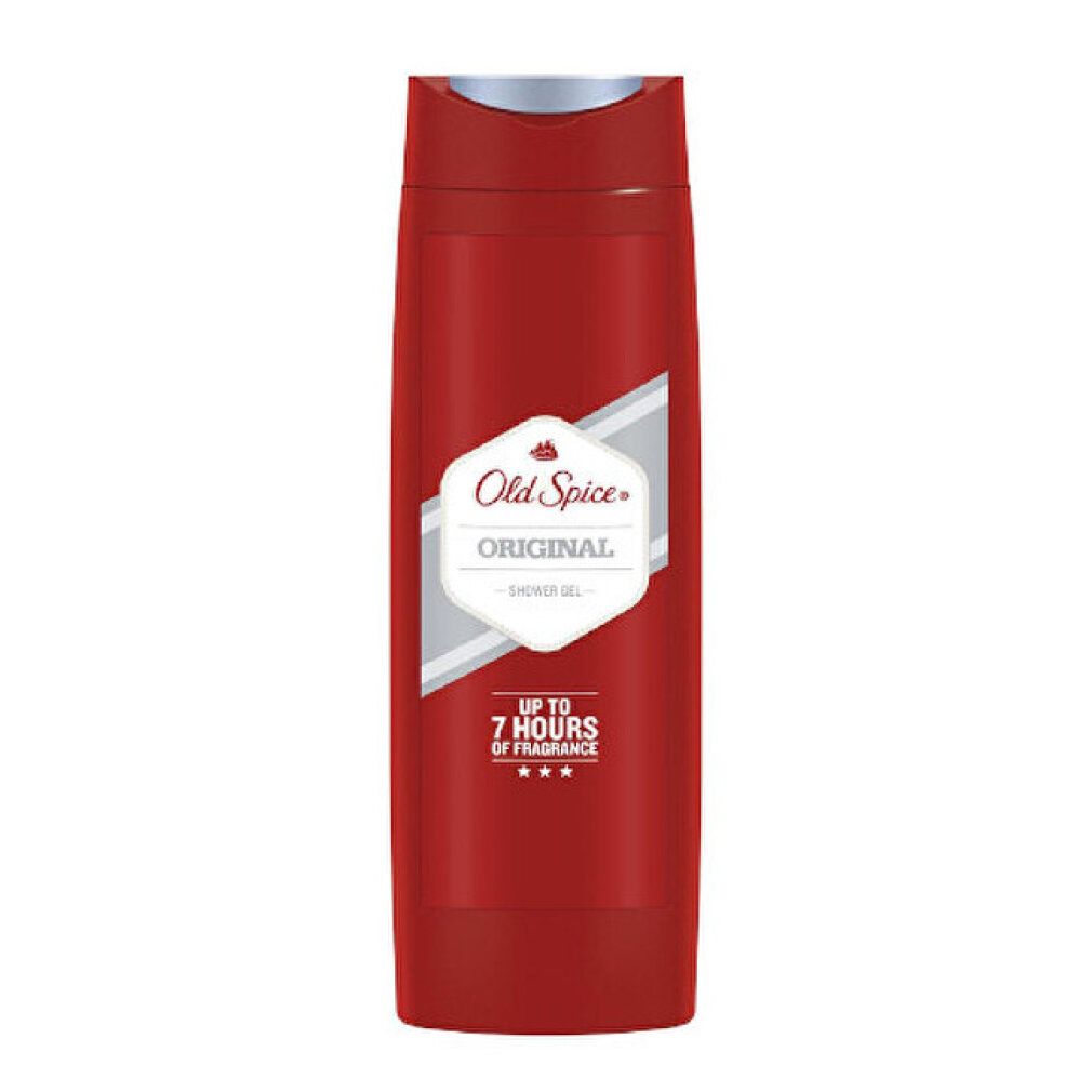 Rote Duschgel-Flasche mit weißem Etikett. Aufschrift: Old Spice Original Duschgel. Text: Bis zu 7 Stunden Duft.