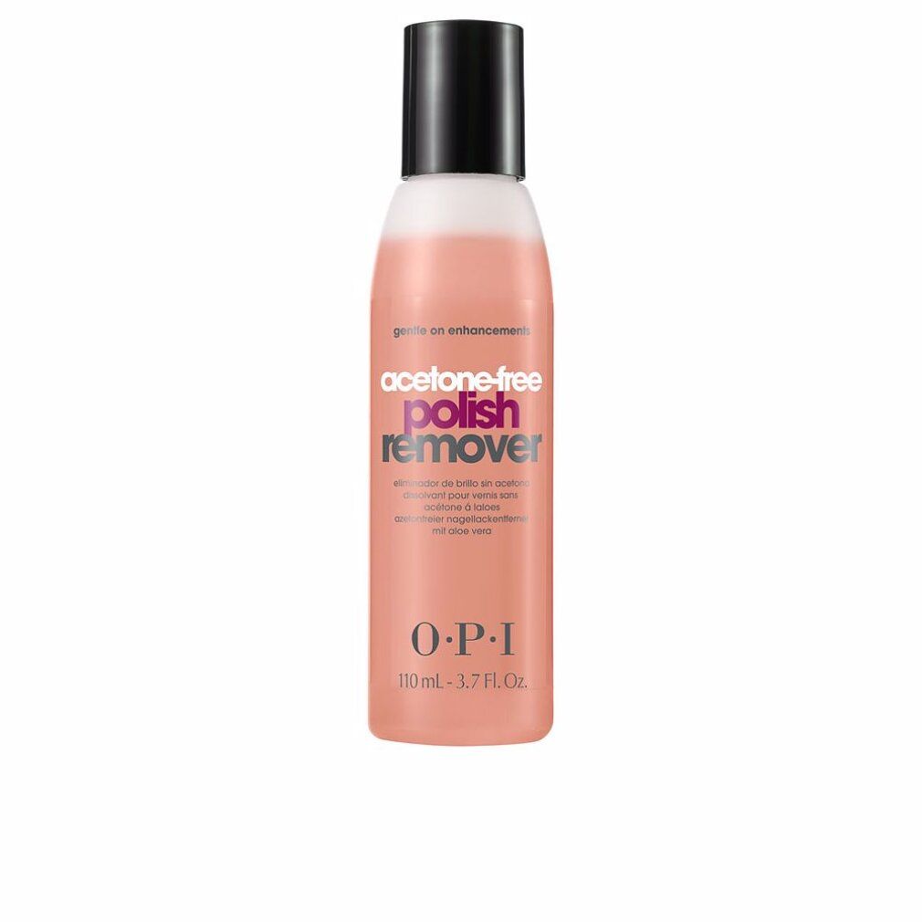 OPI Nagellackentferner, Flasche mit rosa Flüssigkeit, schwarzem Deckel. Aufschrift: "acetone-free polish remover".