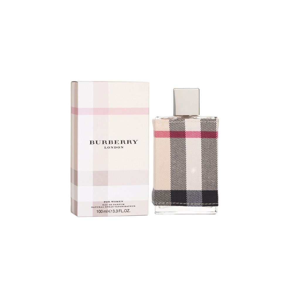 Flakon und Verpackung mit Karomuster. Aufschrift: Burberry London. Flakon mit silbernem Verschluss.