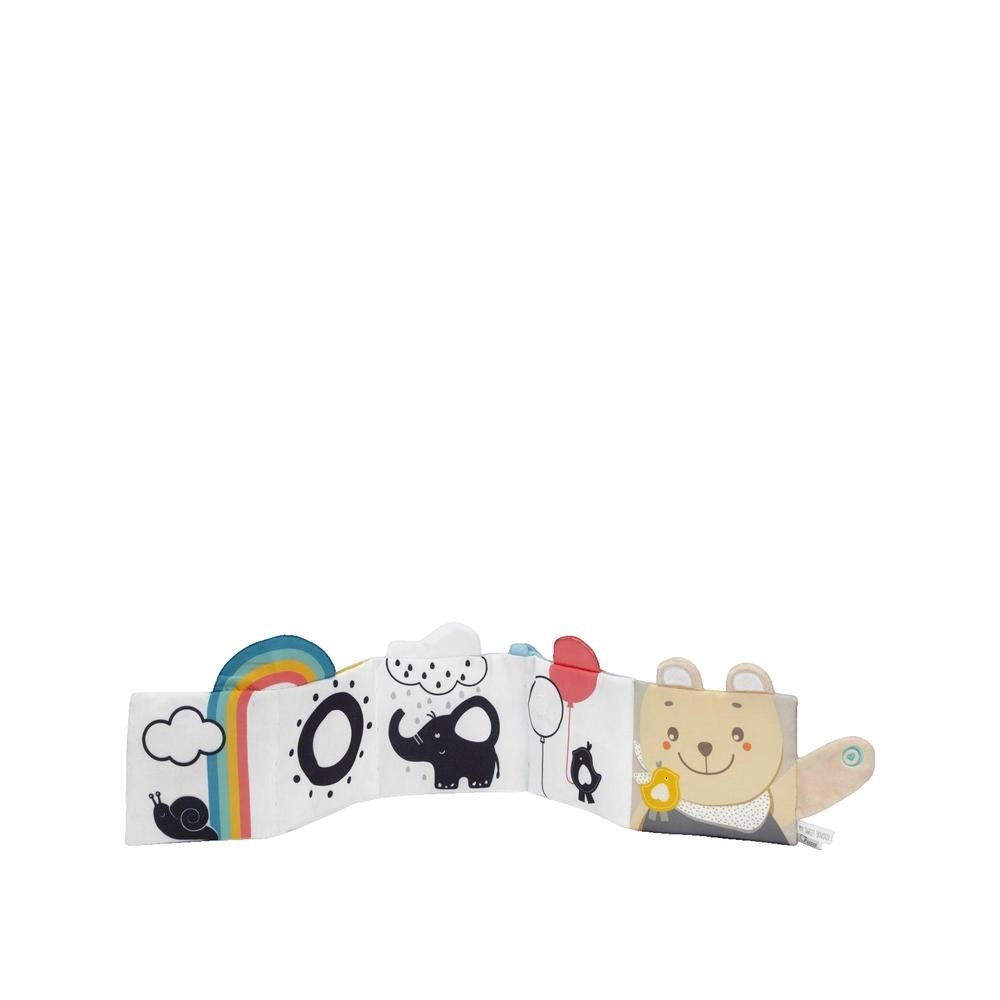 Weiches Aktivitätsbuch mit Tier- und Naturmotiven. Schwarze und weiße Illustrationen. Regenbogen, Wolken, Elefant, Bär und Ballons.