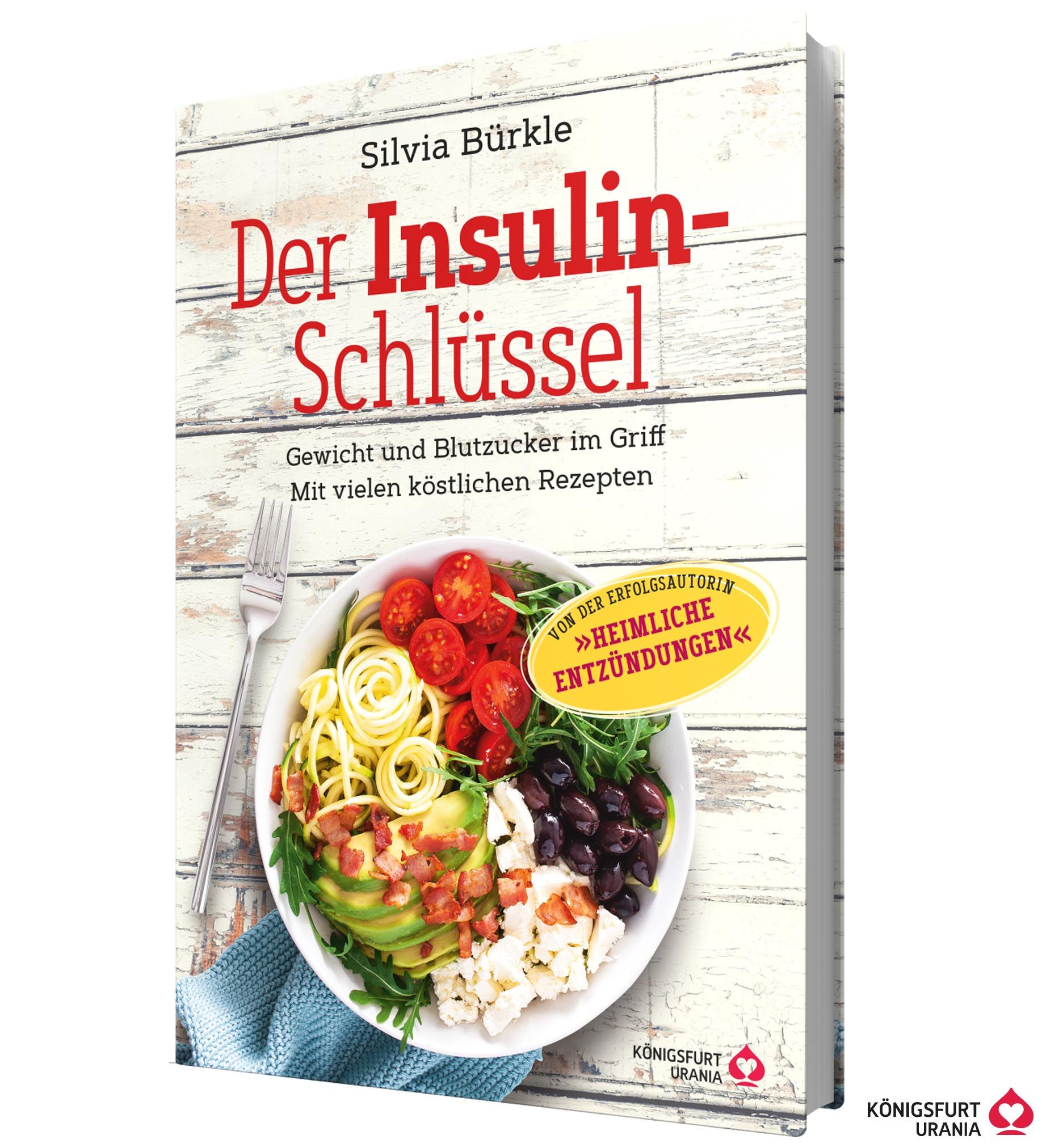Buchcover: "Der Insulin-Schlüssel". Autorin: Silvia Bürkle. Titel und Untertitel. Essen auf dem Cover.