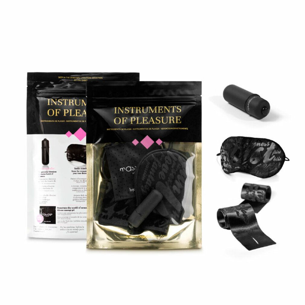 Zwei schwarze Beutel mit Produktnamen. Einzelne schwarze Vibrator, Augenmaske und Band.