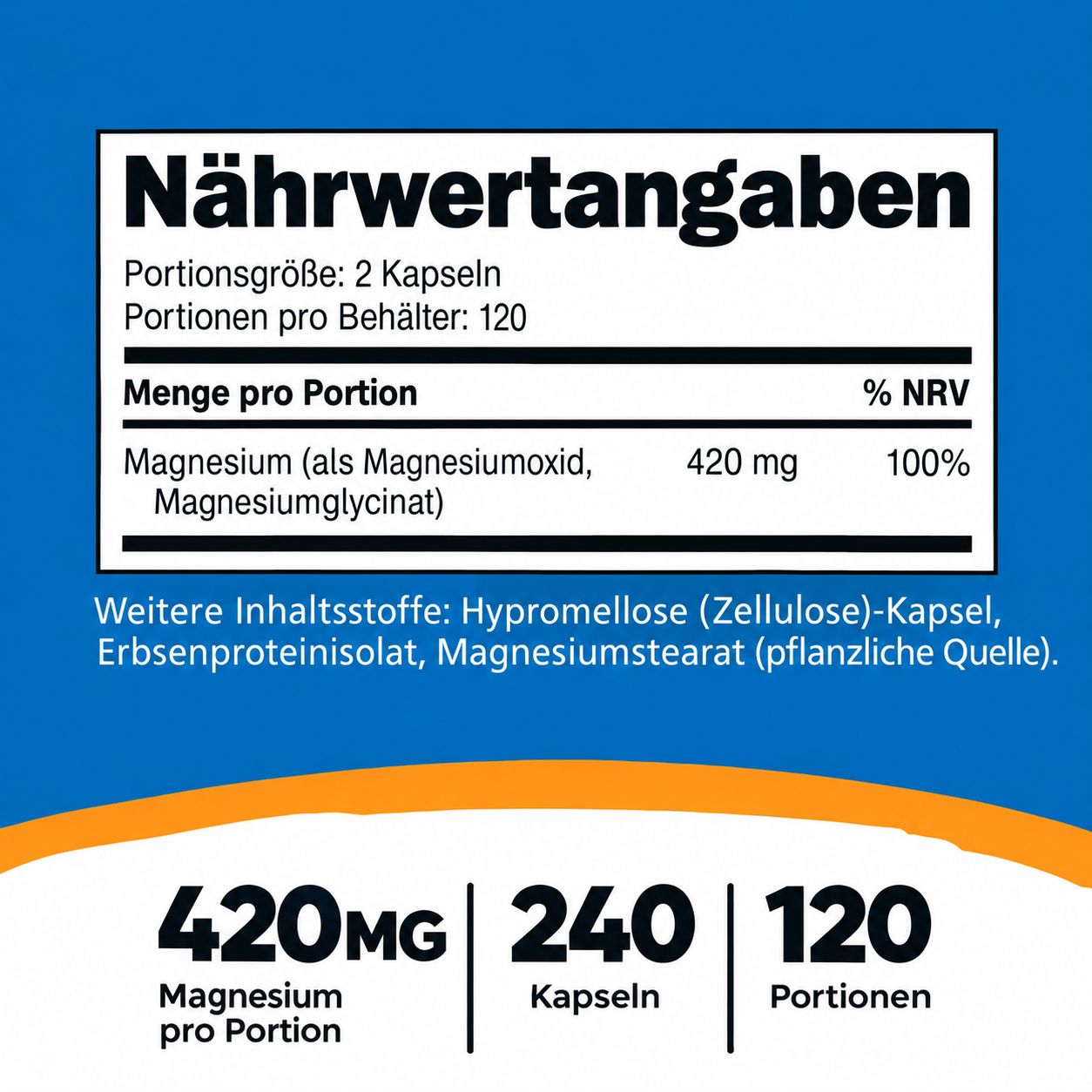 Nährwertangaben für Magnesiumoxid und Magnesiumglycinat, 420 mg pro Portion, 120 Portionen.