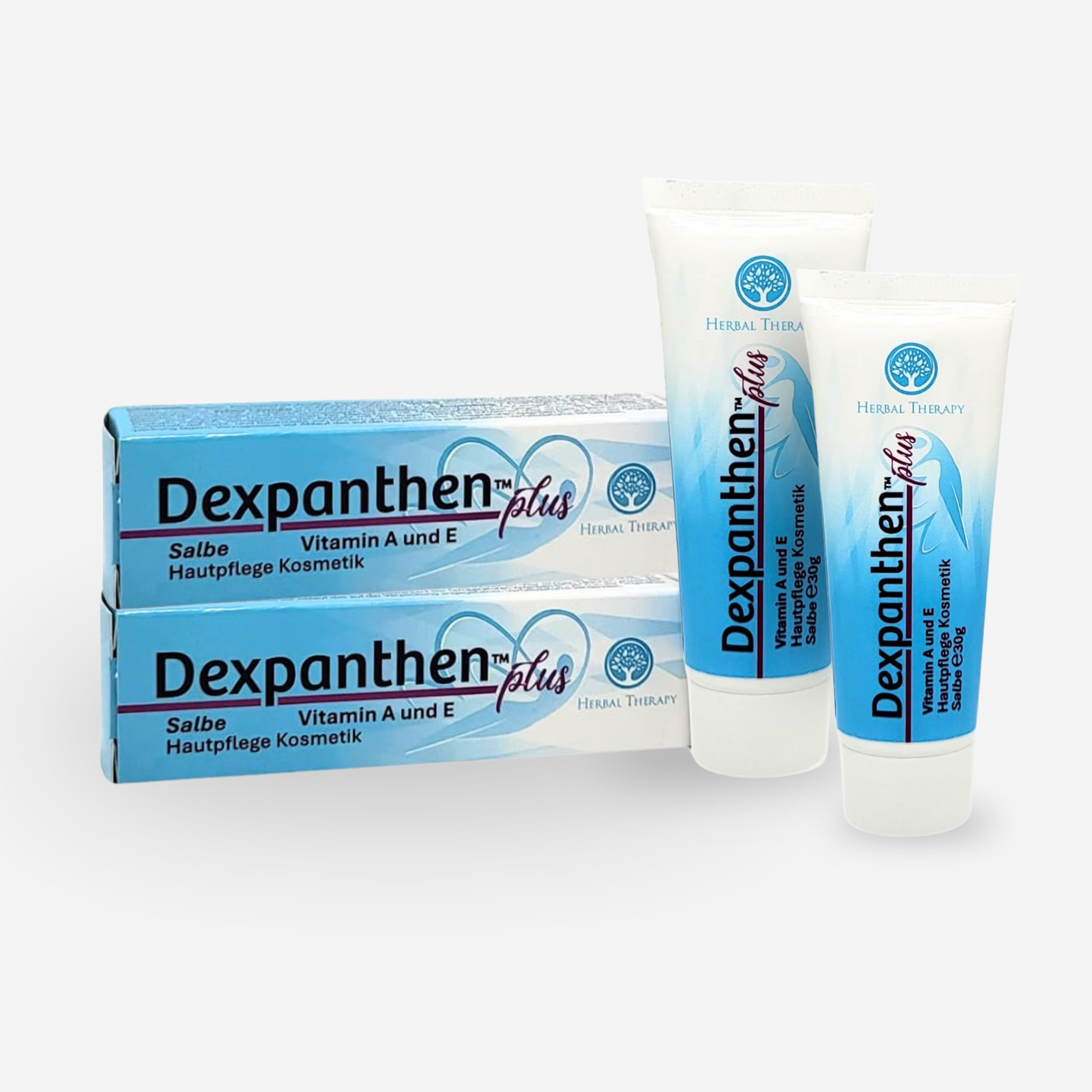 Zwei Tuben Dexpanthenol Plus Herbal und zwei Schachteln Dexpanthenol Plus.