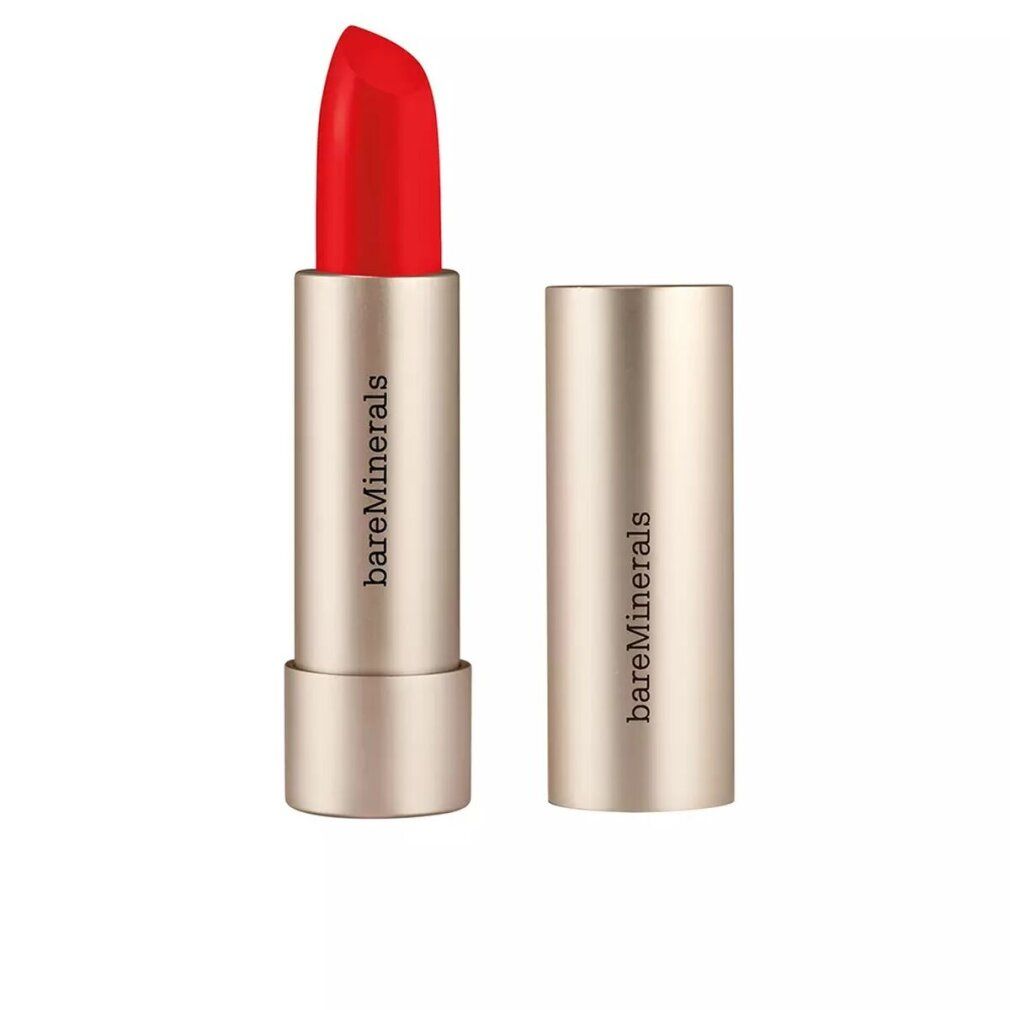 Roter Lippenstift in goldfarbener Hülse. Deckel daneben. Marke: bareMinerals.
