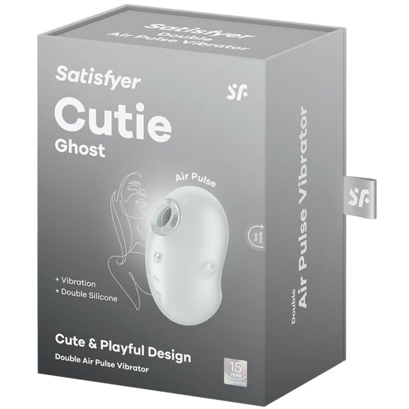 Verpackung des Auflegevibrators. Marke: Satisfyer Cutie Ghost. Text: Air Pulse Vibrator, Double, Cute & Playful Design.