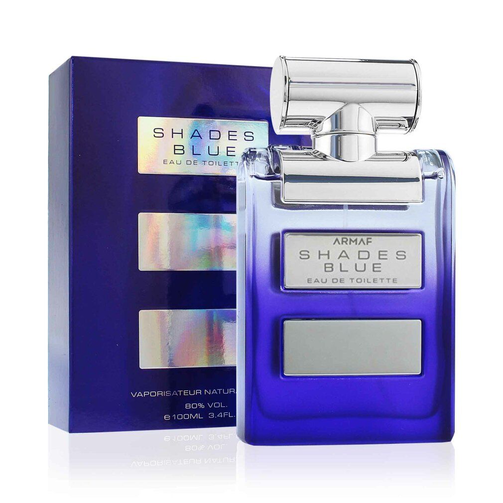 Blaues Eau de Toilette-Spray mit Verpackung. Aufschrift: Armaf Shades Blue Eau de Toilette. Flakon und Verpackung sind blau.
