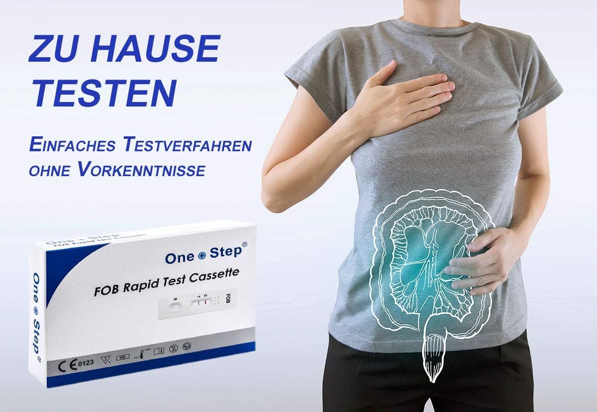 Person hält sich den Bauch. Produktverpackung "One+Step FOB Rapid Test Cassette" daneben. Text: Zu Hause testen. Einfaches Testverfahren.