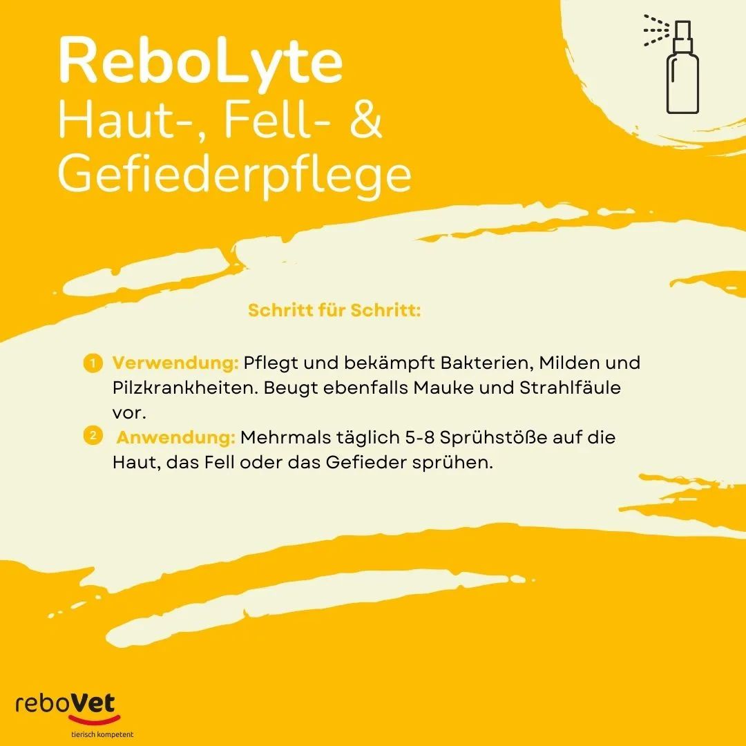 Anwendungshinweise für ReboLyte® Haut-, Fell- und Gefiederpflege.