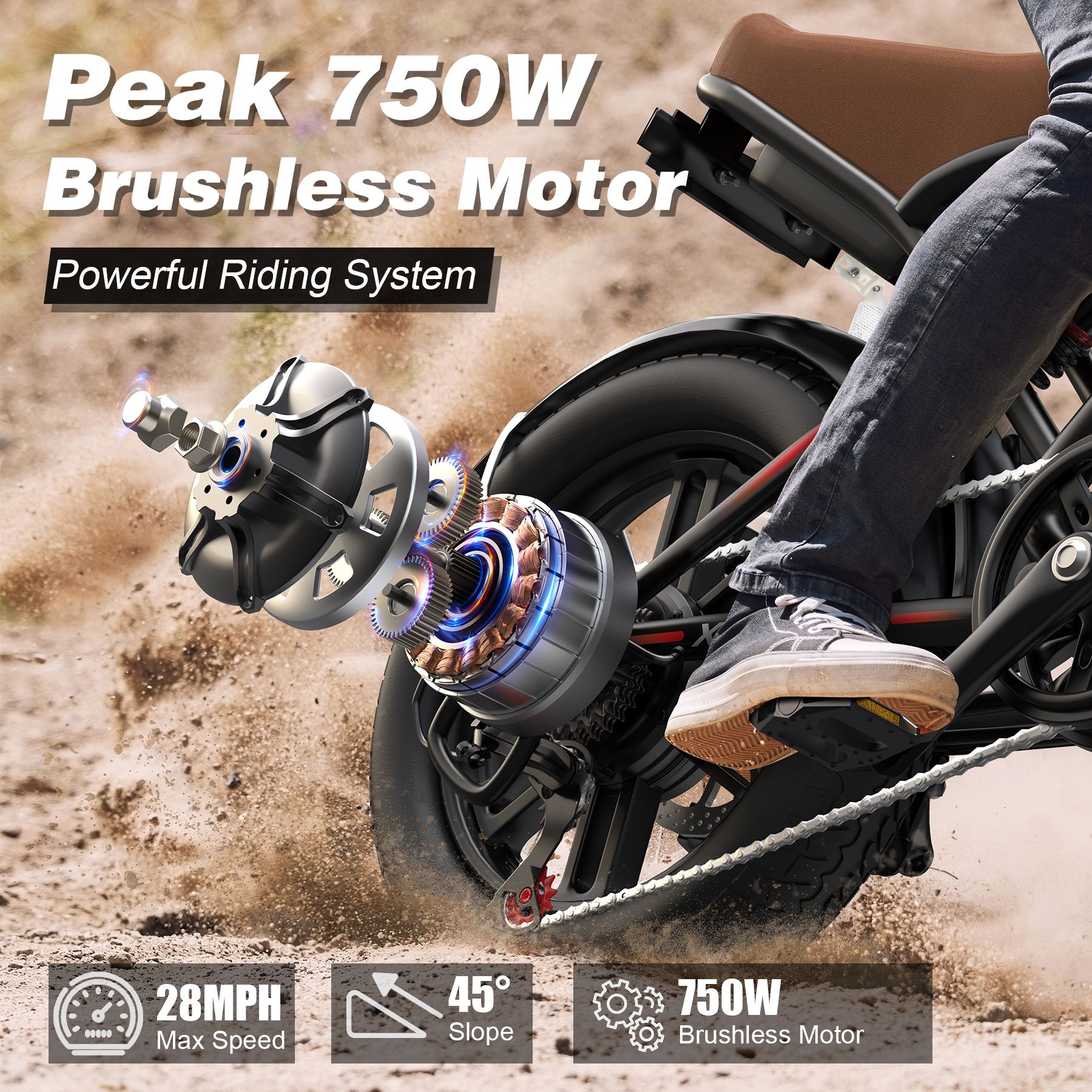 Nahaufnahme des Motors eines VARUN X-Plorer E-Bikes. Text: Peak 750W Brushless Motor, 28MPH Max Speed, 45° Slope.
