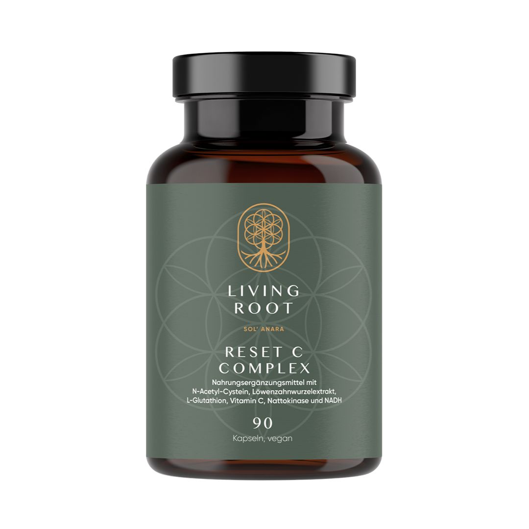 Braune Glasflasche mit schwarzem Deckel. Etikett mit Produktnamen, Inhaltsstoffen und Anzahl der Kapseln. Vegan.