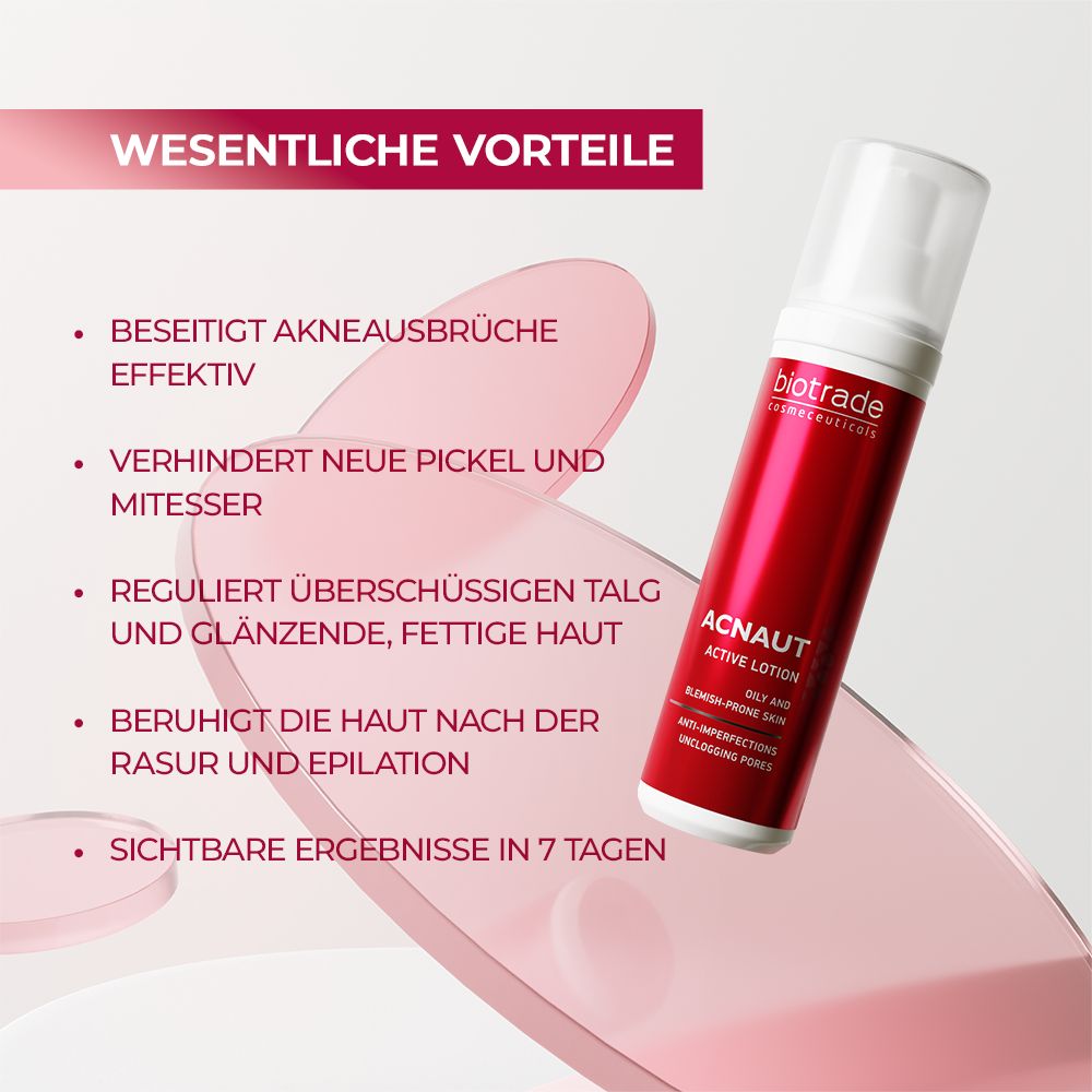 Produktflasche mit rotem Etikett. Text: Beseitigt Akneausbrüche, verhindert Pickel, reguliert Talg. Logo und Name sichtbar.