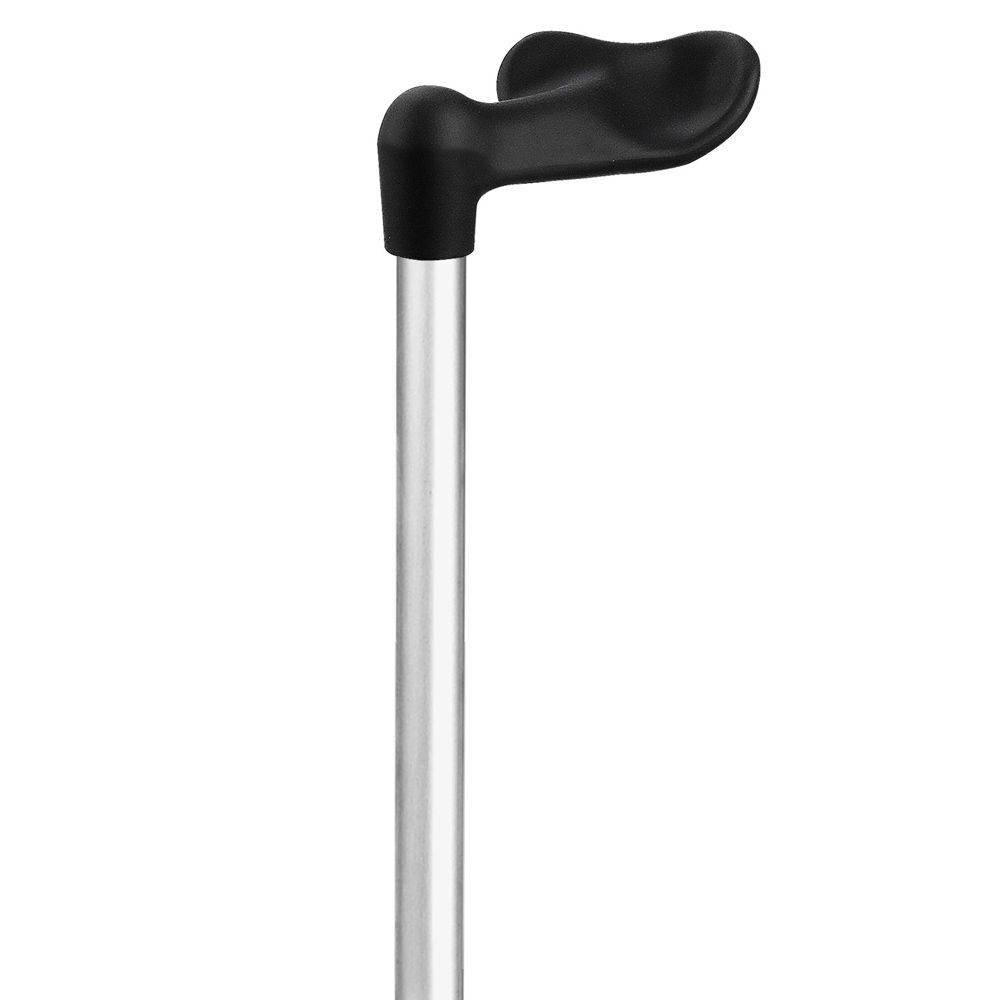 Gehstock mit ergonomischem, schwarzem Griff und silbernem Schaft.