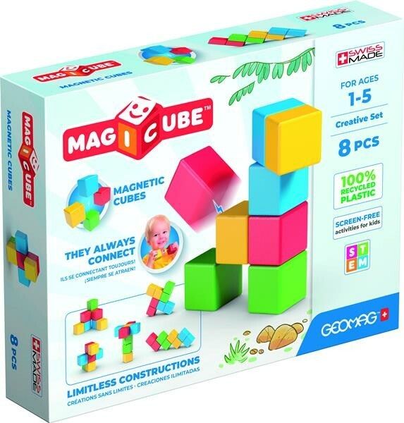 GEOMAG MAGIC CUBE. Magnetische Würfel. 8 Teile. Farben: gelb, blau, grün, rosa. Verpackung mit Produktabbildungen und Informationen.