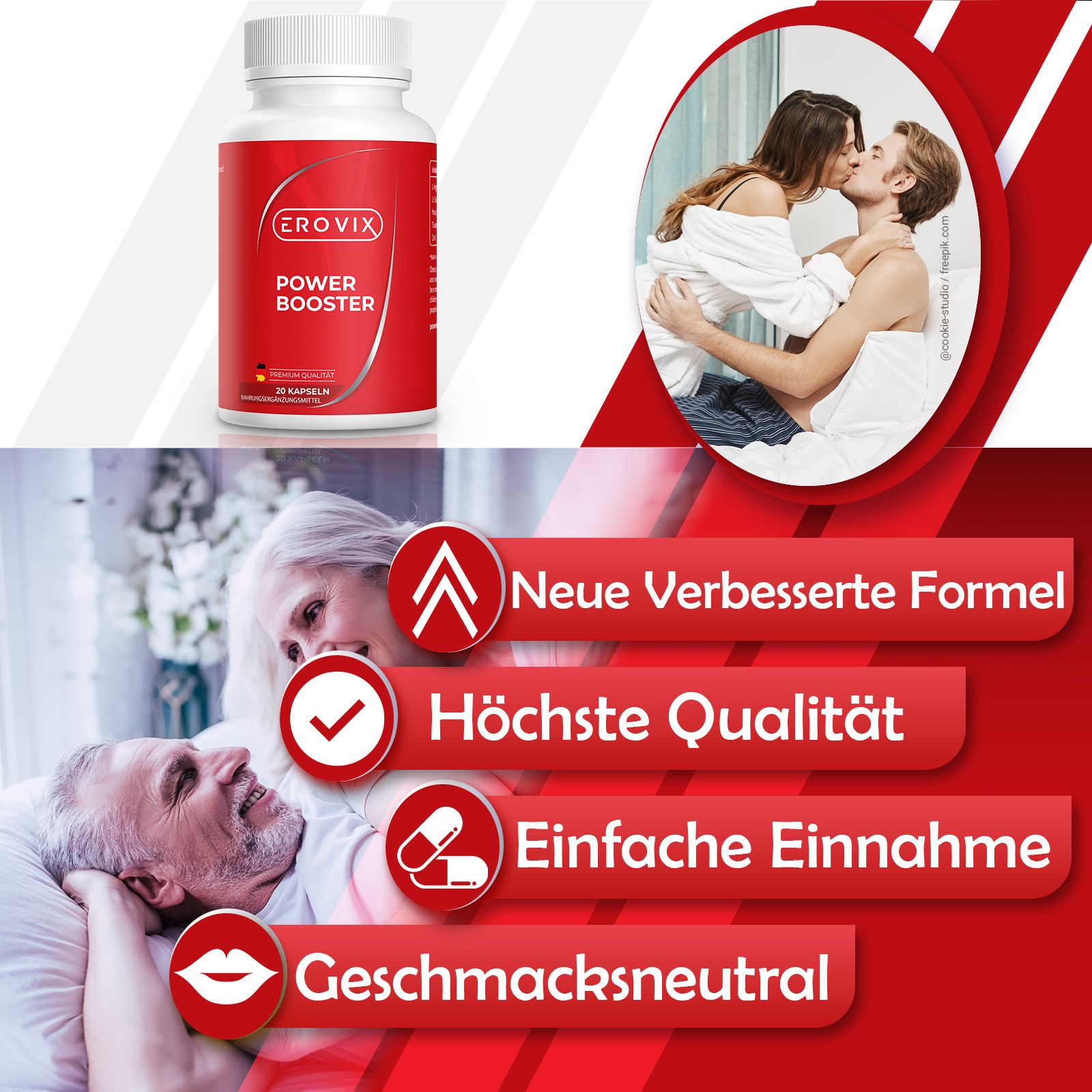 Rote Flasche mit weißem Deckel. Aufschrift: EROVIX, POWER BOOSTER. 20 Kapseln. Hintergrund: Paare, Text: Neue verbesserte Formel, höchste Qualität.