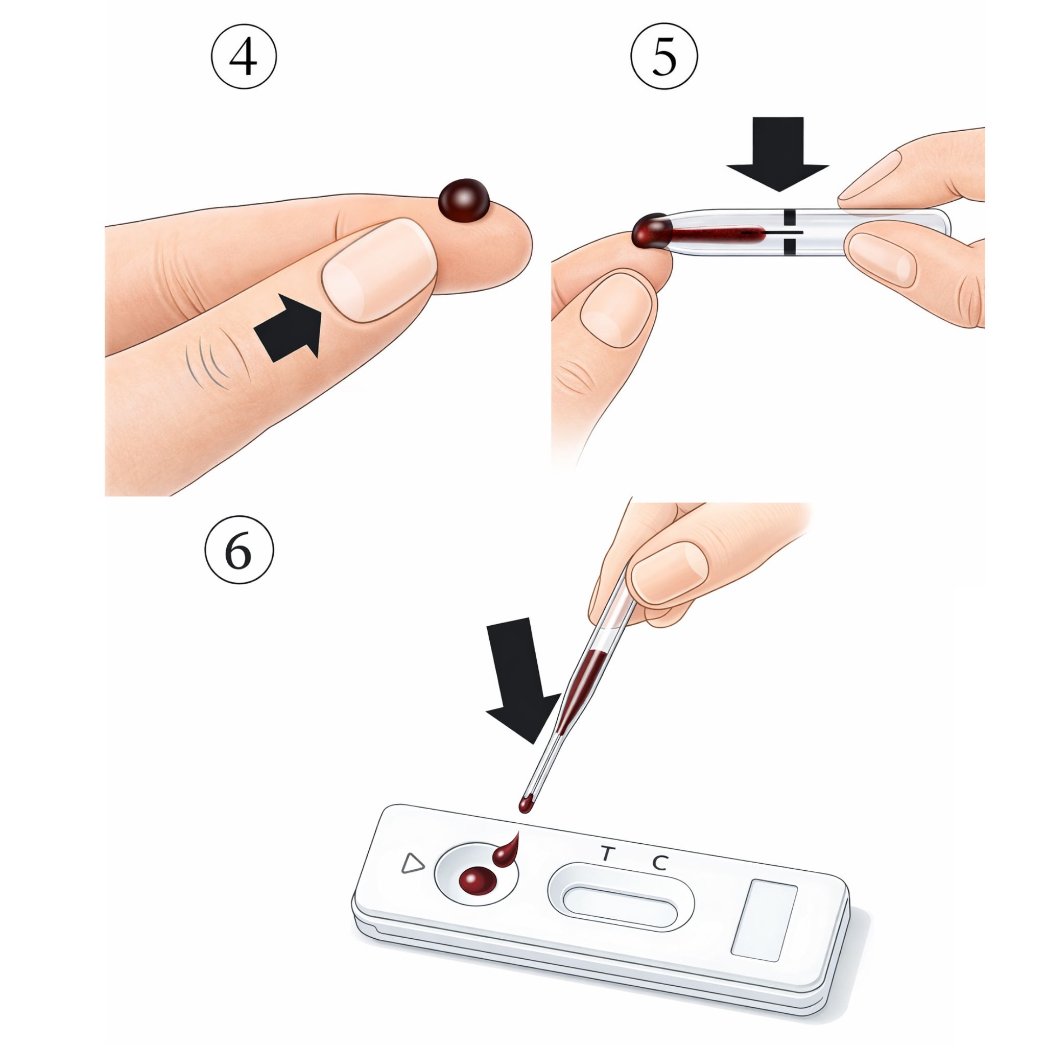 Illustrationen zur Anwendung eines Testgeräts. Schritte 4-6: Blutentnahme und Zugabe. Ergebnis: Tropfen auf Teststreifen.