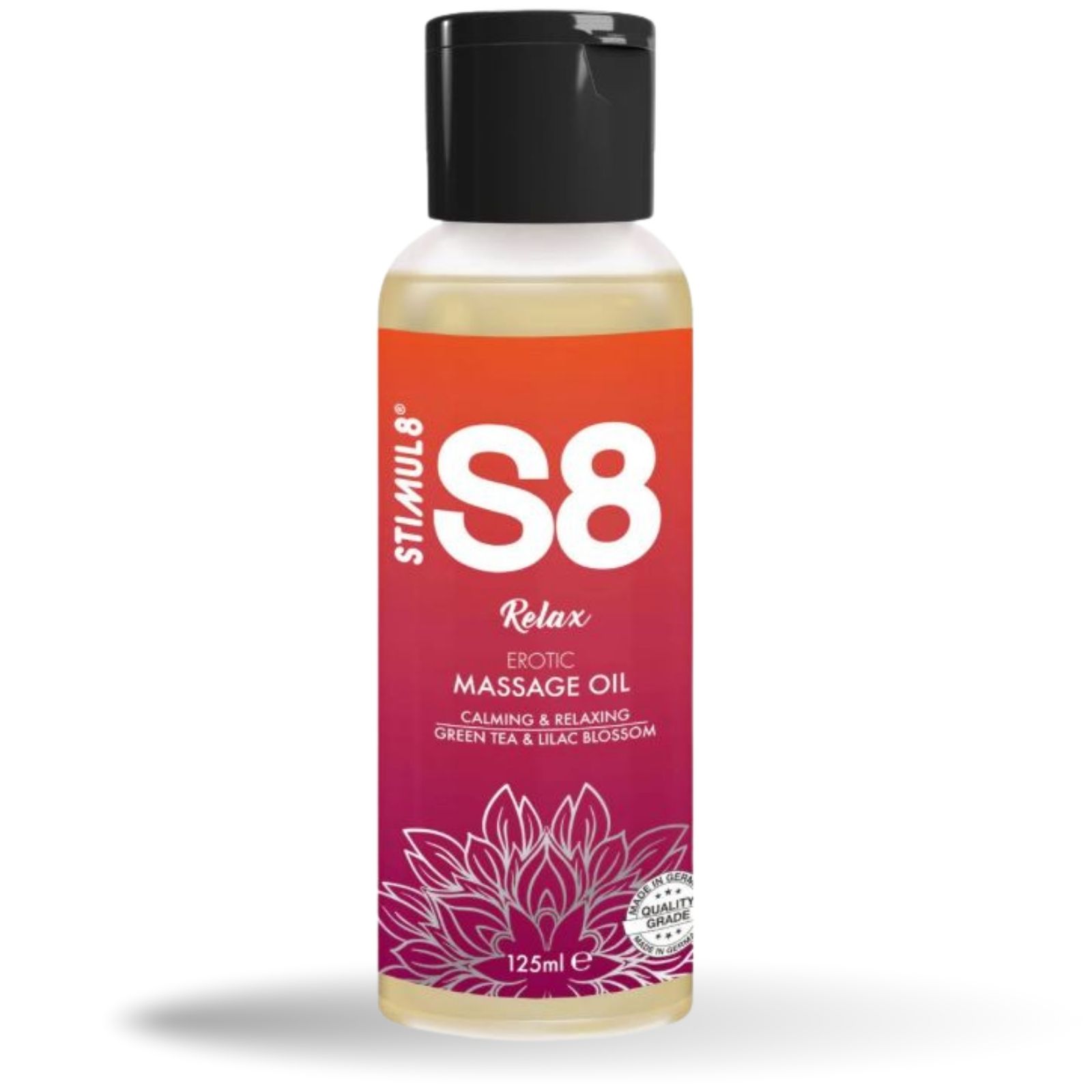 Massageöl-Flasche mit schwarzem Deckel. Aufschrift: S8 Relax Erotic Massage Oil. 125ml.