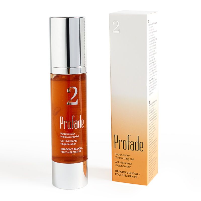 Zwei Produkte: eine Flasche und eine Schachtel. Auf der Flasche steht "2 Profade". Auf der Schachtel steht "Profade Regenerator Moisturizing Gel".