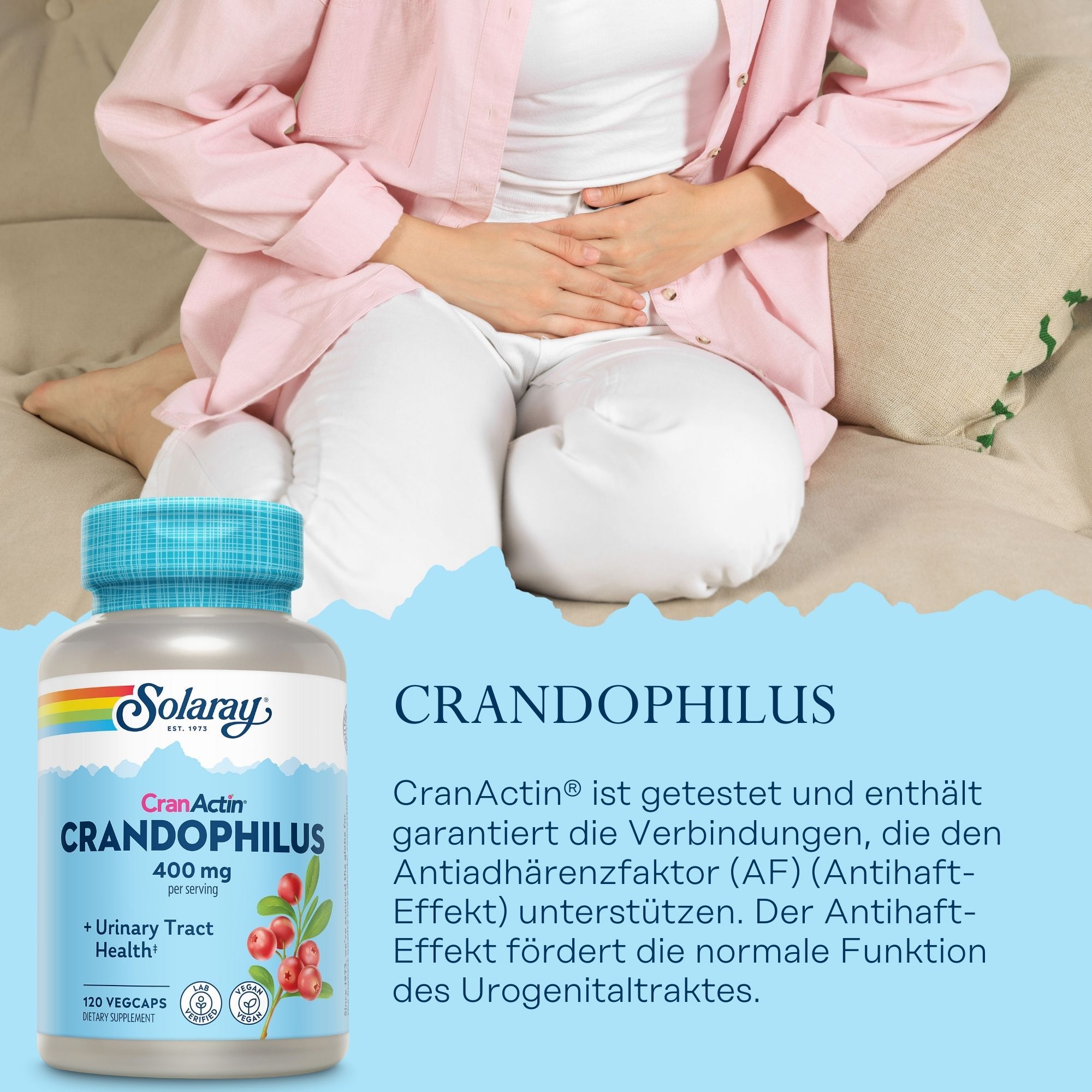 Solaray CranDophilus-Flasche. 120 Vegicaps. Aufschrift: CranActin, 400 mg. Frau hält Bauch. Text: CranActin unterstützt die Harnwegsgesundheit.
