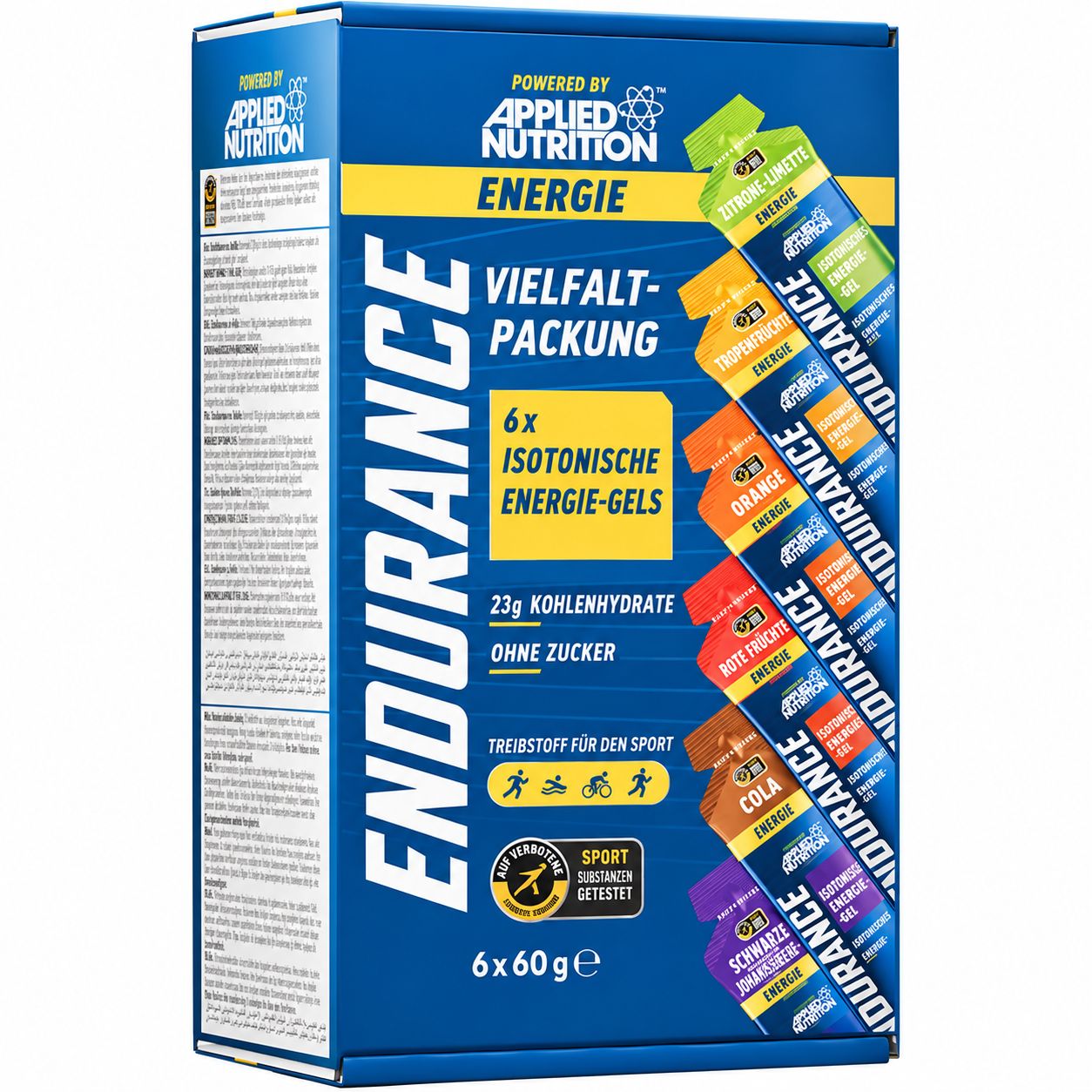 Verpackung mit 6x isotonischen Energie-Gels von Applied Nutrition.