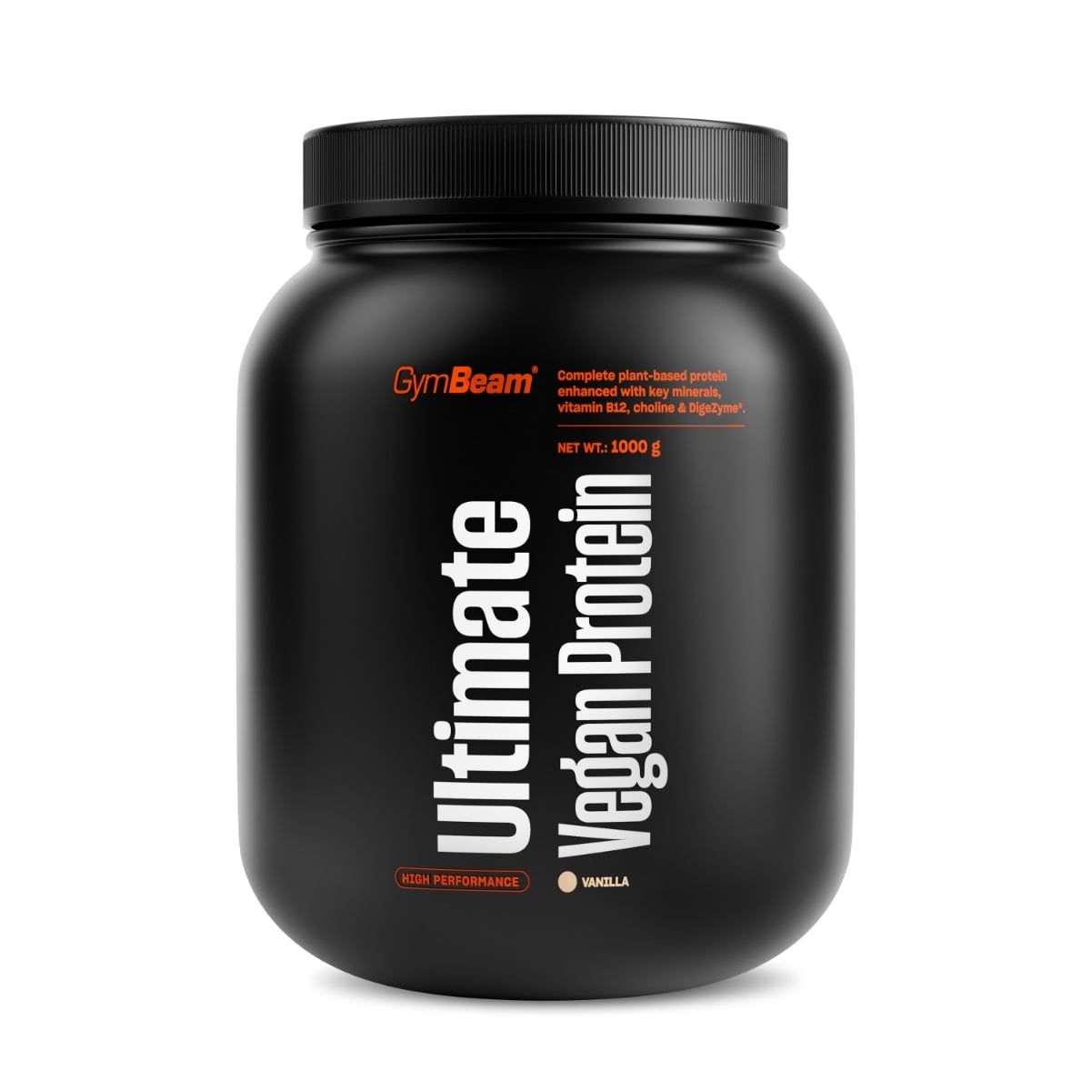Schwarzer Behälter mit GymBeam Ultimate Vegan Protein Aufschrift in Weiß und Orange. Enthält 1000g.