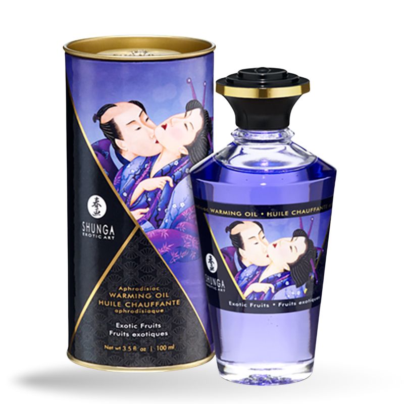 Flasche und Dose mit Etikett. Aufschrift: SHUNGA, Warming Oil, Exotic Fruits. Abbildung: küssendes Paar.