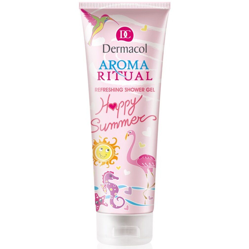 Rosa Tube mit "Dermacol Aroma Ritual Happy Summer" Duschgel. Illustrationen: Kolibri, Flamingo, Sonne, Seepferdchen.