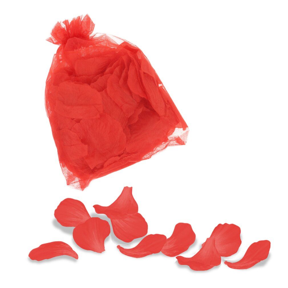 Rote Rosenblätter und eine rote Netzbeutel.