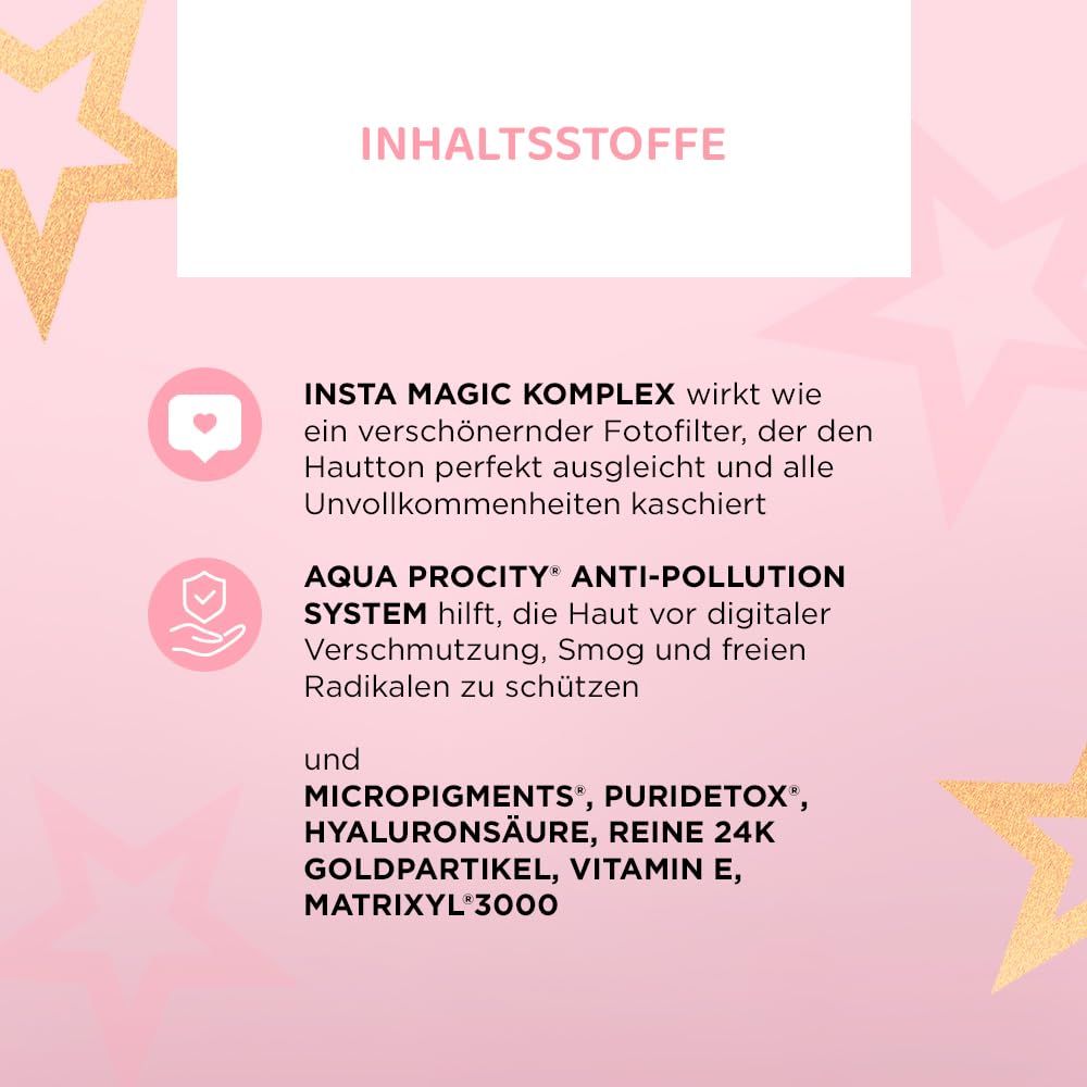 Text mit Inhaltsstoffen: Insta Magic Komplex, Aqua Procity Anti-Pollution System, Micropigments, Hyaluronsäure, etc.
