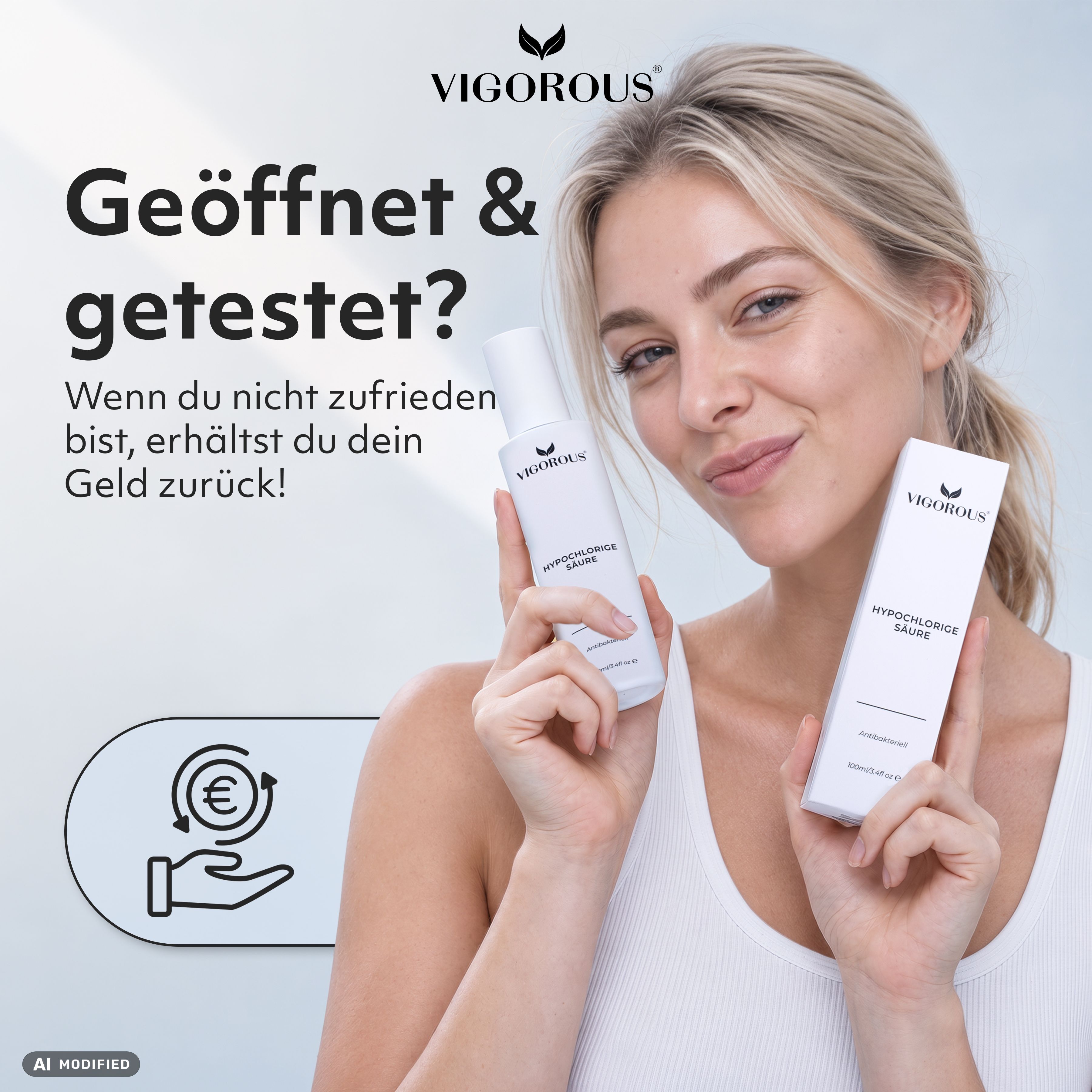 Frau hält Vigorous Hypochlorous Säure Spray und Box. Geld-zurück-Garantie.