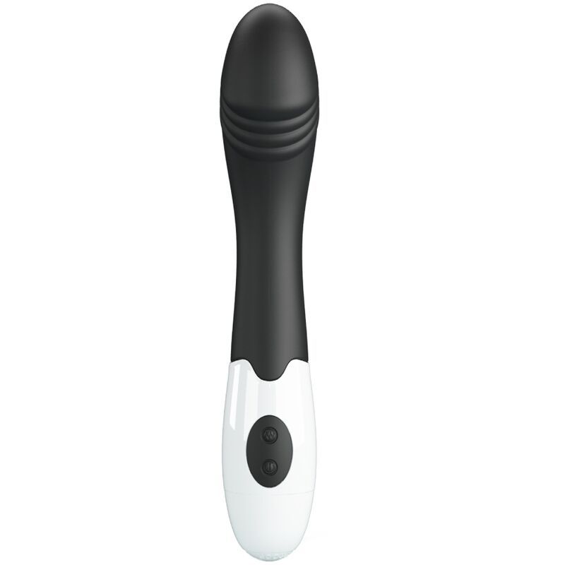 Schwarzer G-Punkt-Vibrator mit weißem Griff und zwei Bedientasten.