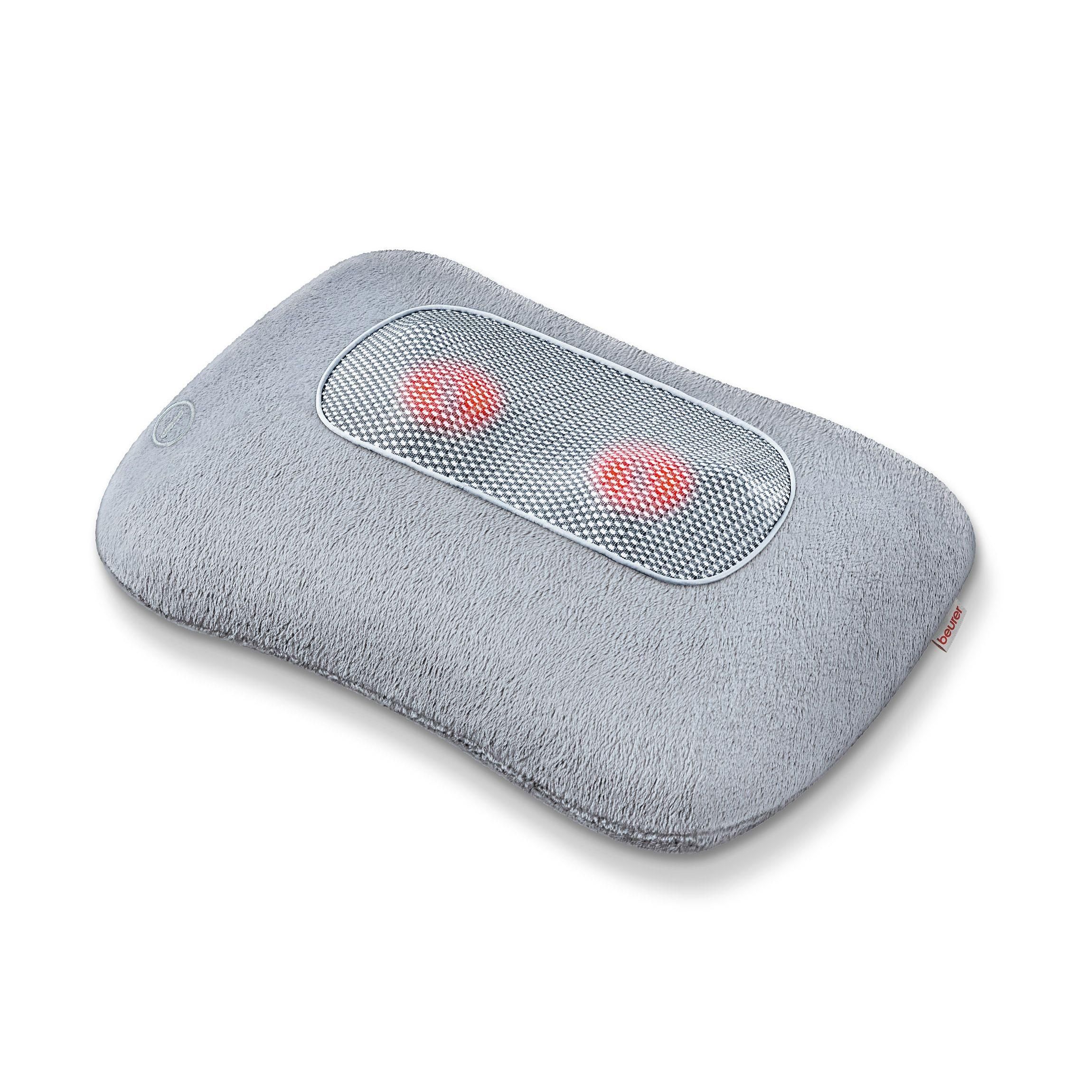 Graues Shiatsu-Massagekissen mit zwei roten Massageköpfen. Produktansicht von oben.