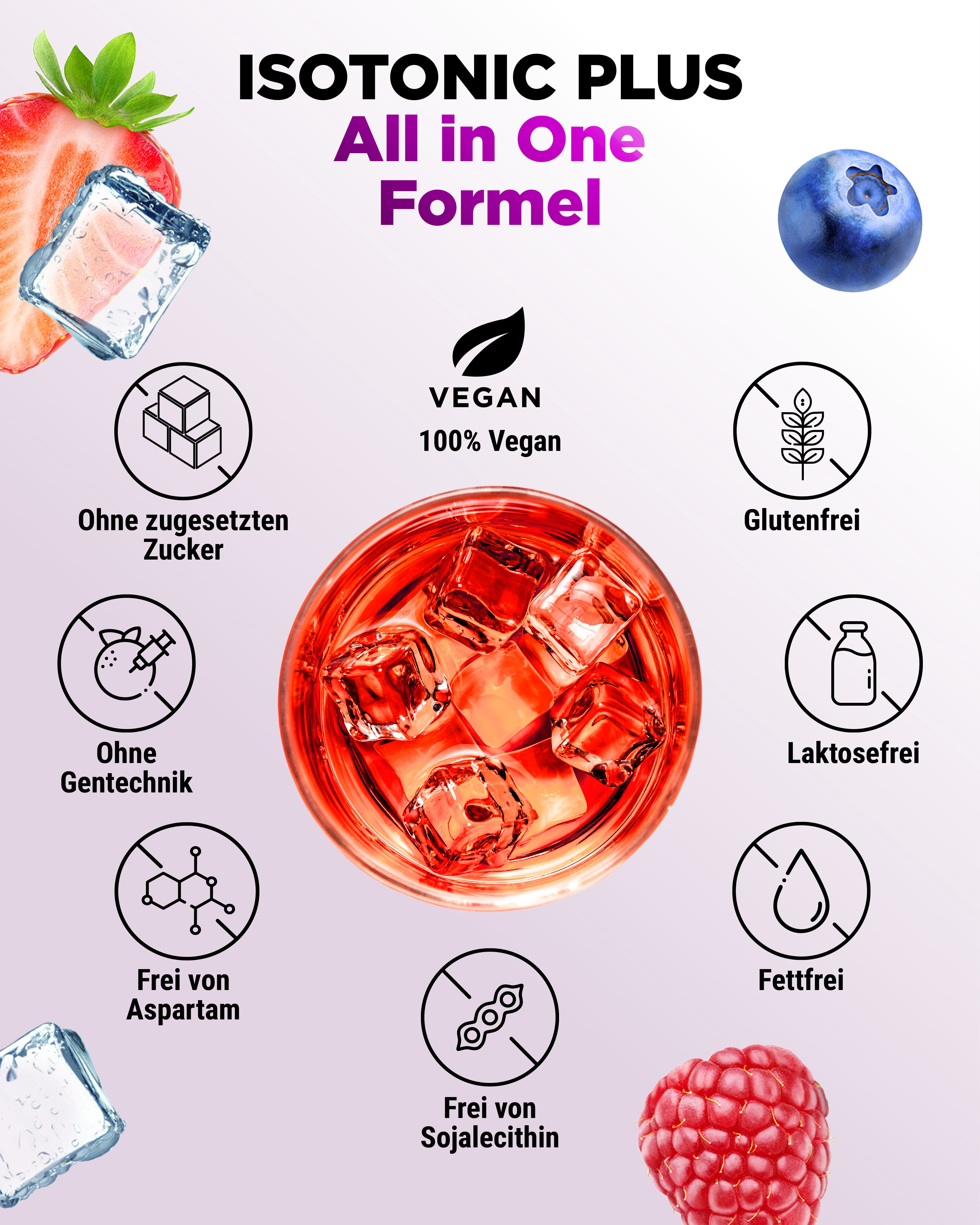 Glas mit roter Flüssigkeit und Eiswürfeln. Symbole: vegan, ohne Zucker, ohne Gentechnik, glutenfrei, laktosefrei, fettfrei, ohne Aspartam, ohne Sojalecithin.