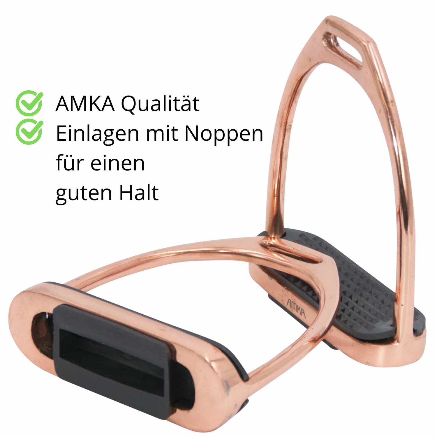 AMKA Fillis Steigbügel in Roségold. Text: AMKA Qualität, Einlagen mit Noppen für einen guten Halt.