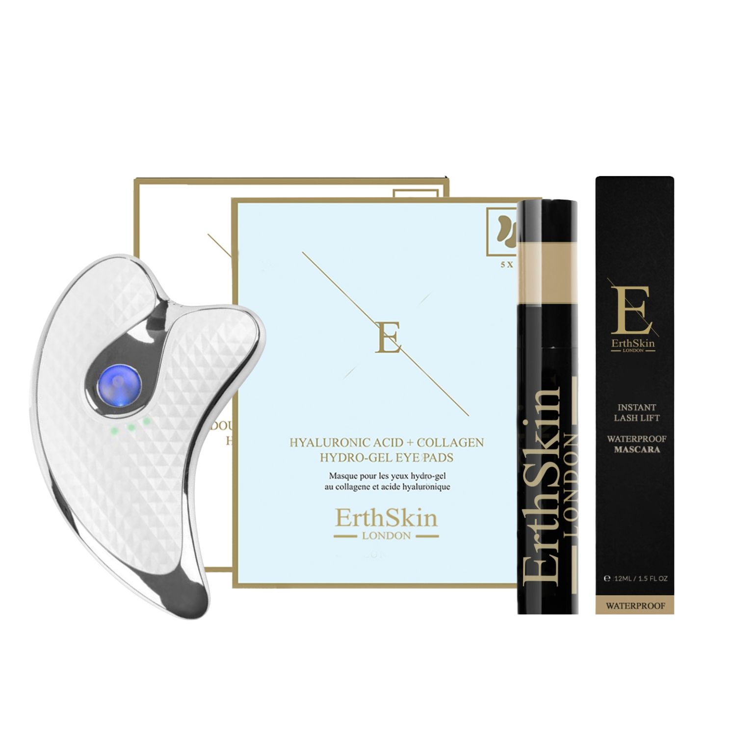 Set mit Augenpads, Mascara und Gua Sha-Tool. Gua Sha-Tool aus Metall. Mascara-Tube und -Box mit Logo.