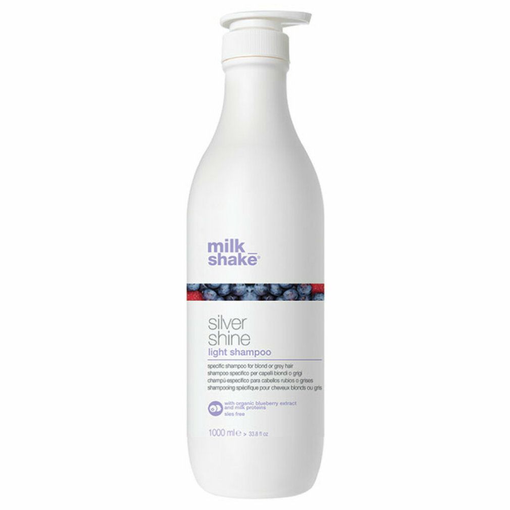 Weißer Shampoo-Flakon mit Pumpe. Aufschrift: milk_shake, Silver Shine light shampoo. 1000 ml.