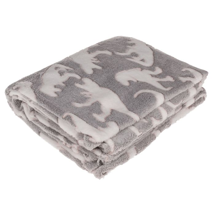 Graue Kuscheldecke mit weißen Dinosaurier-Mustern. Gefaltet, zeigt die Oberseite mit dem Muster. Weiches Material.