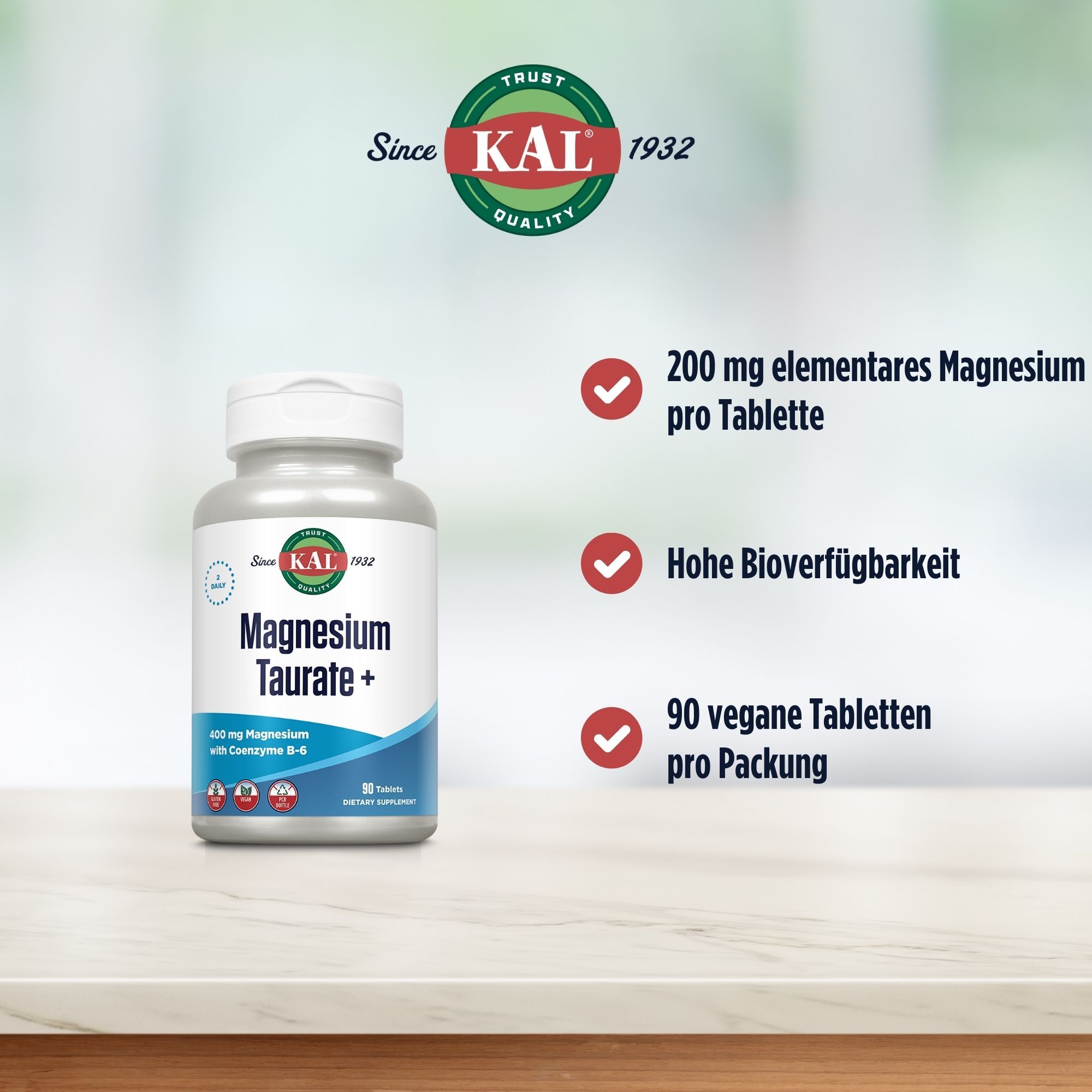 Weißes Fläschchen mit KAL Magnesium Taurat +. Aufschrift: Magnesium Taurat +. Text: 200 mg Magnesium pro Tablette, hohe Bioverfügbarkeit, 90 Tabletten.