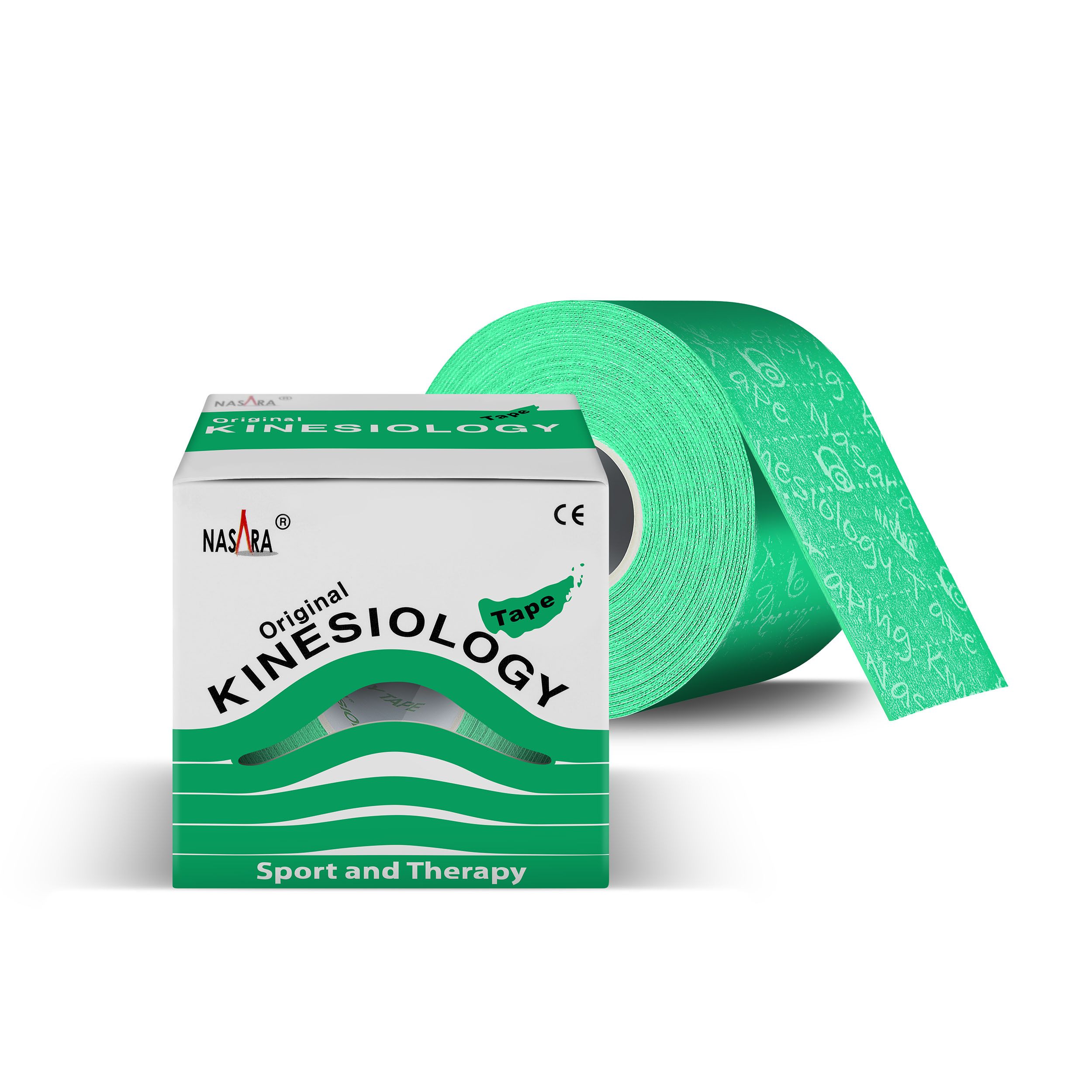 Grünes Kinesiologie-Tape und Box. Box mit Aufschrift NASARA Original Kinesiology Tape. CE-Zeichen.