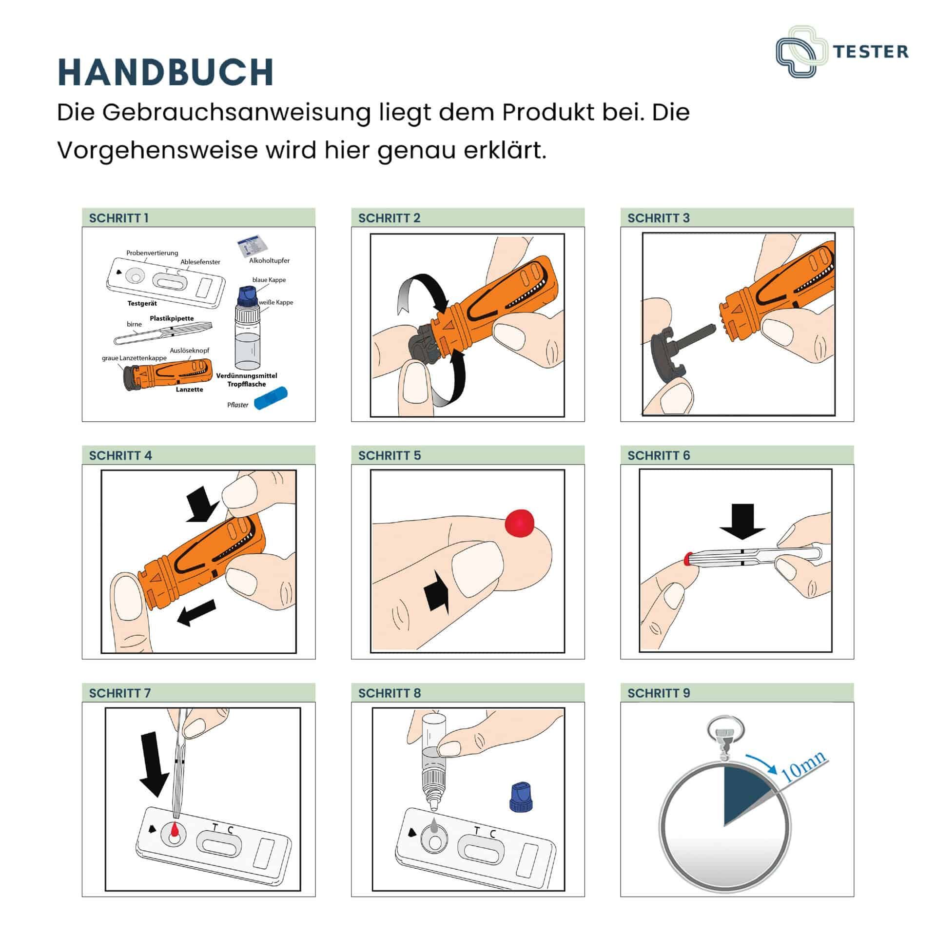 Handbuch für Tetanus-Selbsttest: 9 Schritte zur Durchführung, inklusive Blutentnahme und Ergebnisablesung.