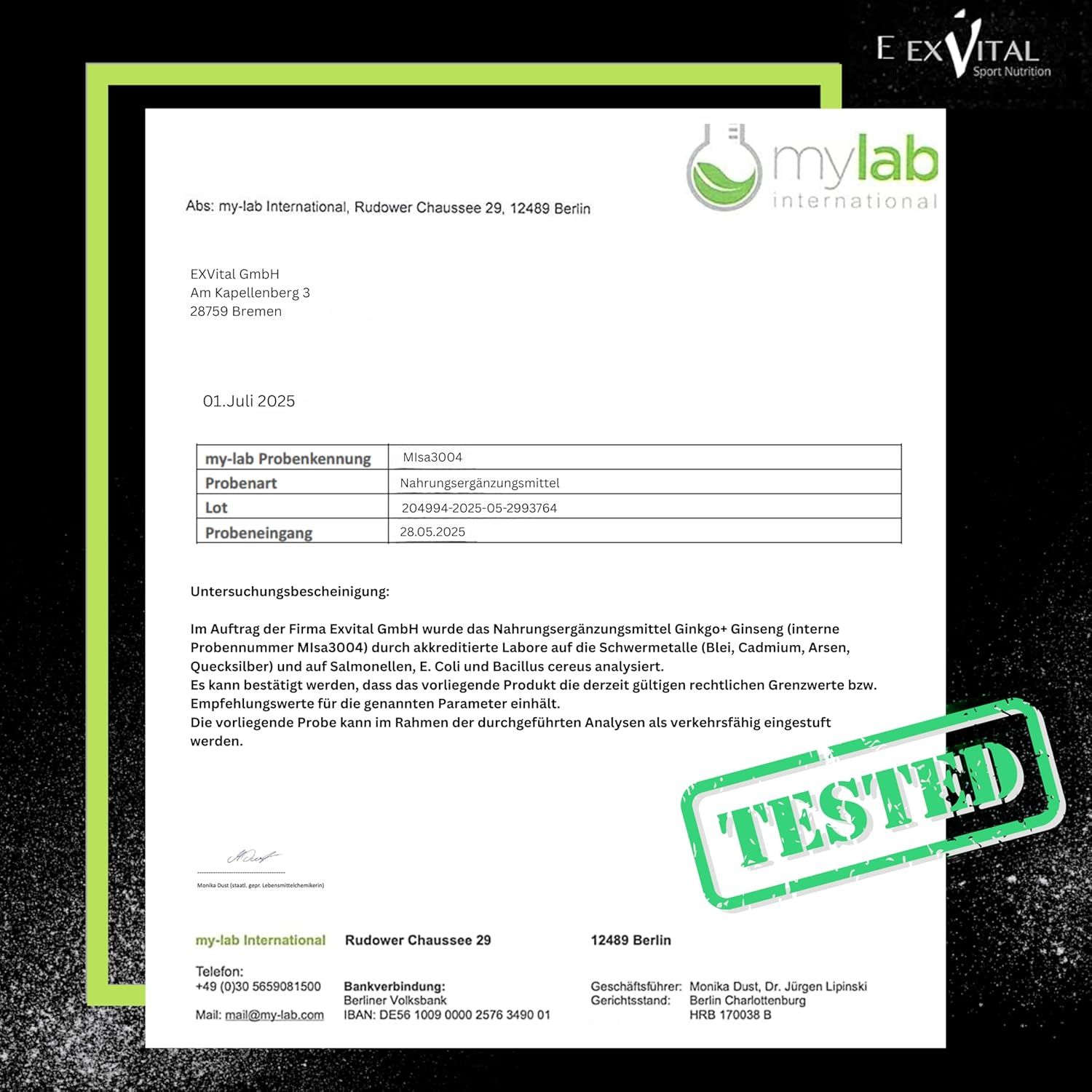 Laborbericht von mylab international. Bestätigung der Analyse von EXVital Ginkgo+Ginseng. Getestet-Stempel.