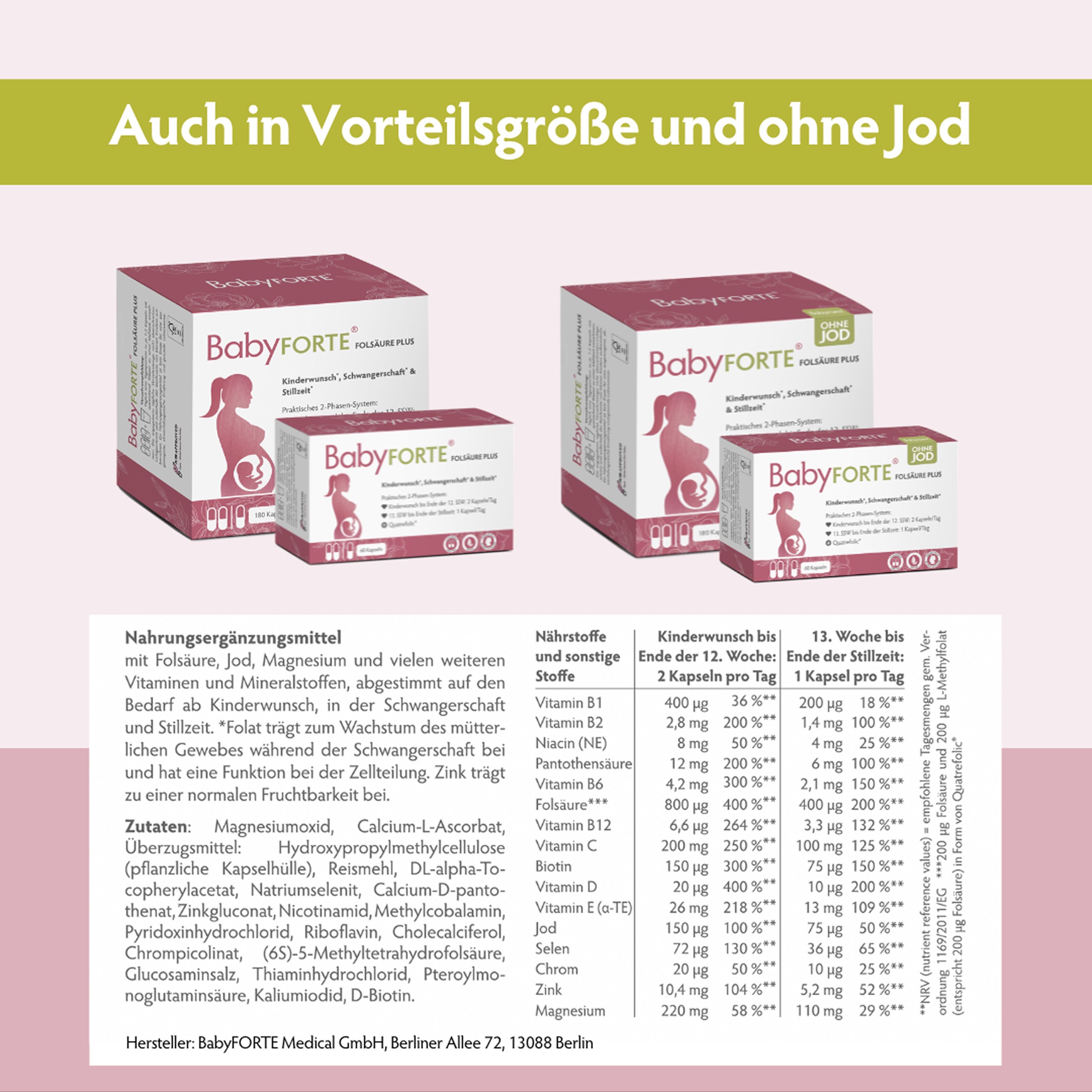 BabyFORTE Packungen in verschiedenen Größen. Ohne Jod. Nährwerttabelle mit Inhaltsstoffen und Dosierung für Schwangerschaft und Stillzeit.